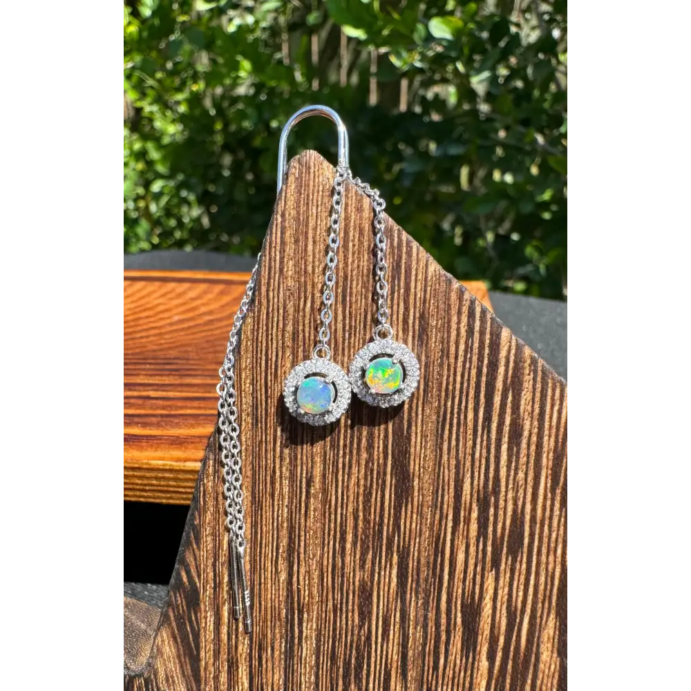Silver opal halo earrings with handcrafted Lightning Ridge opal and cubic zirconia accents