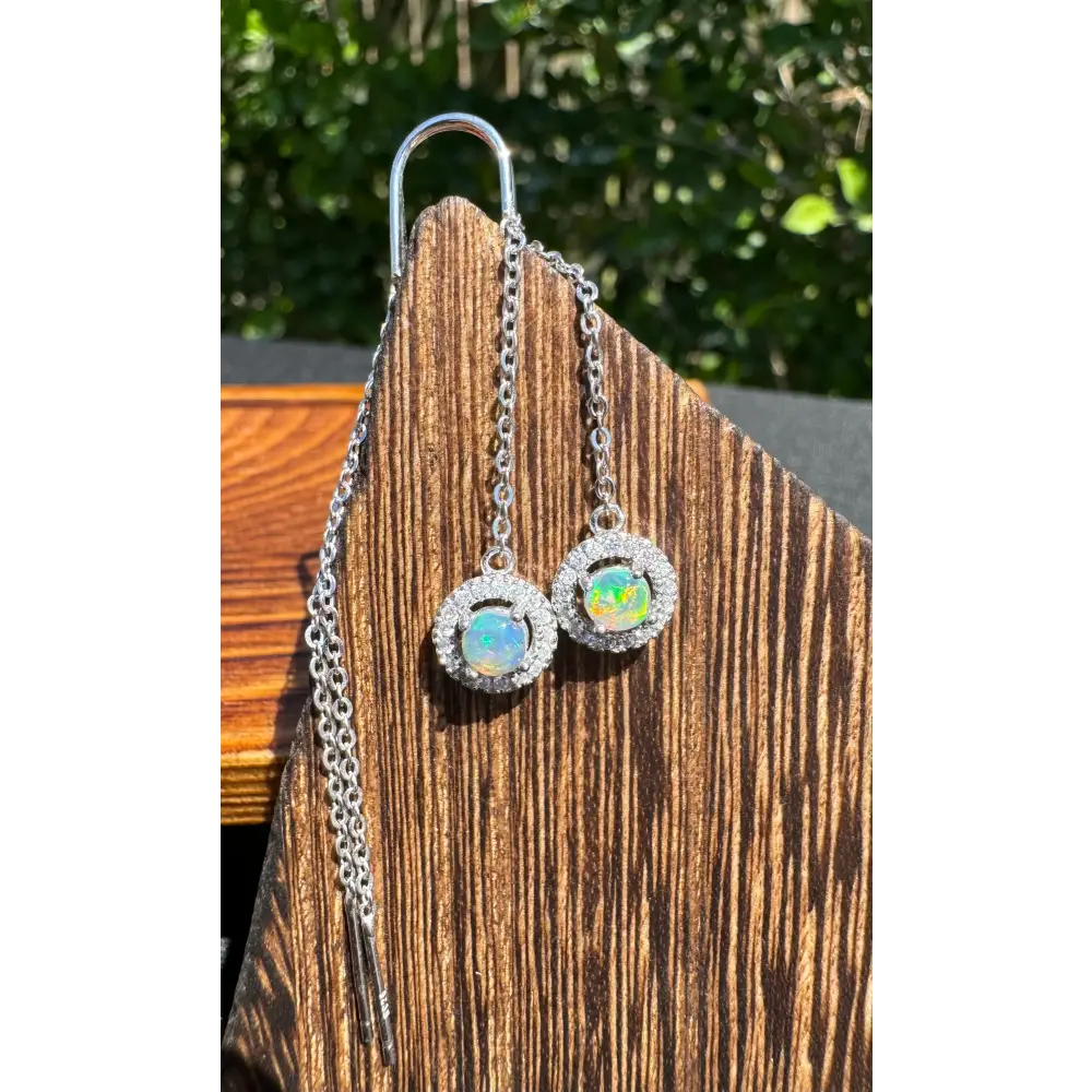 Silver opal drop earrings featuring 0.7ct Lightning Ridge Opal and Cubic Zirconia