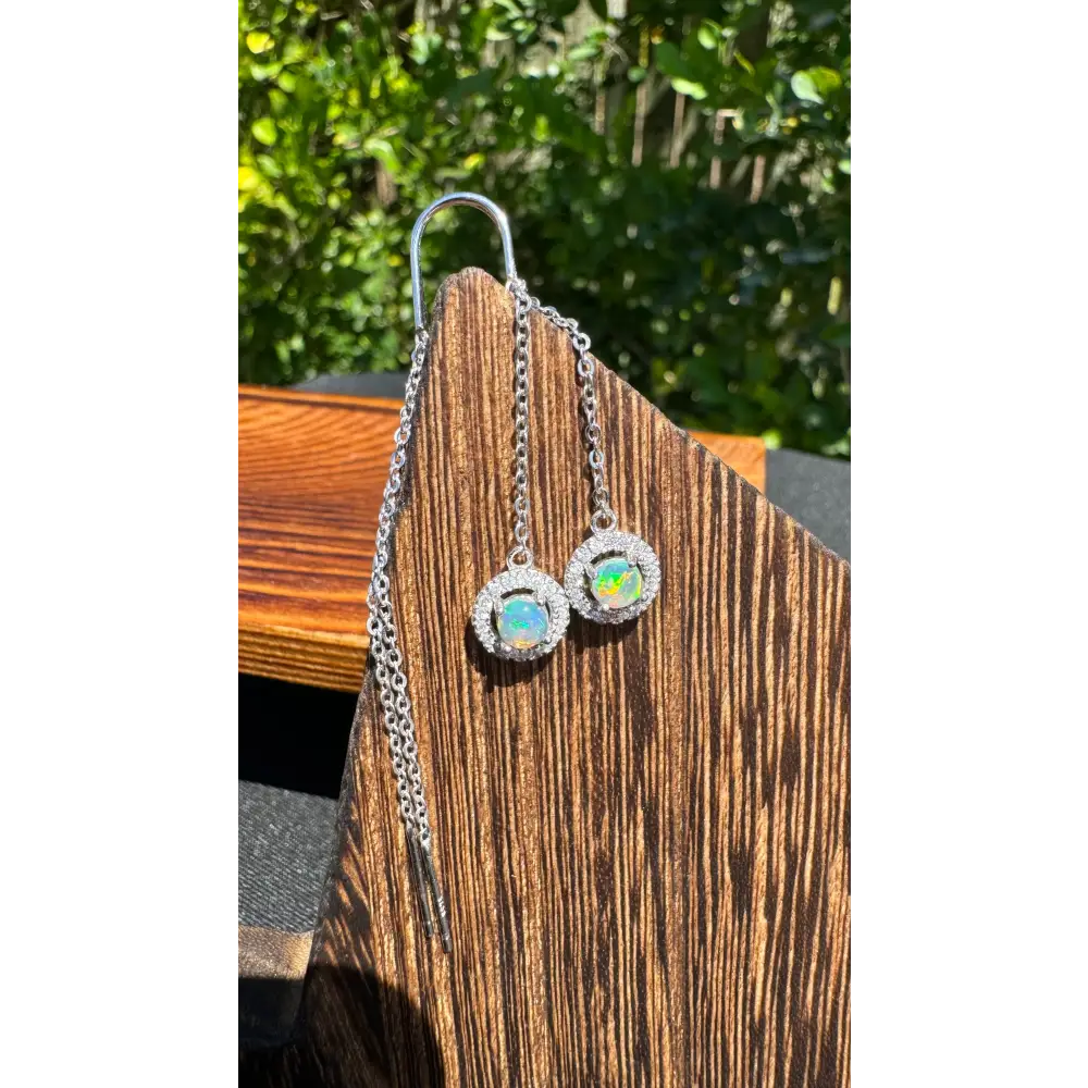 Silver opal drop earrings with lightning ridge opal and cubic zirconia accents