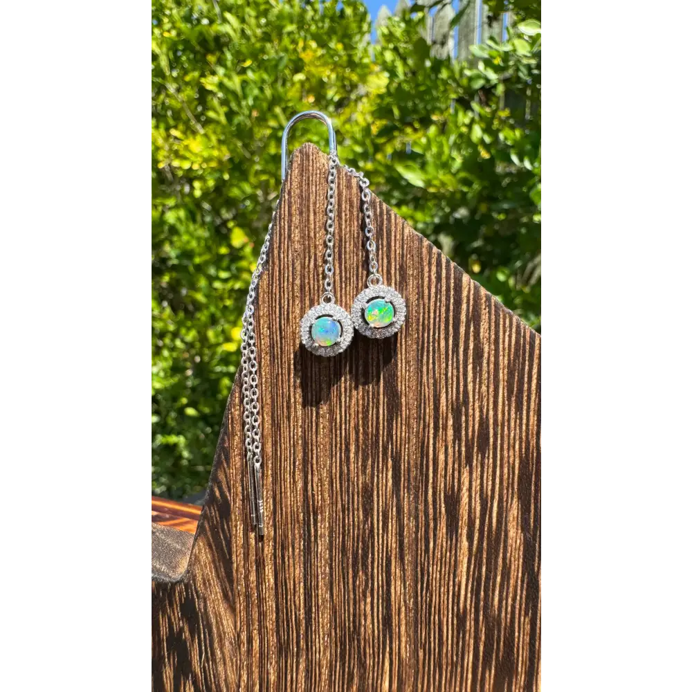 Silver opal drop earrings with 0.7ct Lightning Ridge Opal and Cubic Zirconia