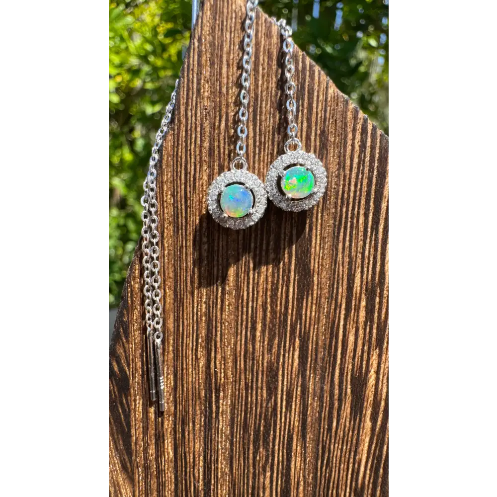 Elegant silver opal drop earrings with solid Lightning Ridge opal and cubic zirconia