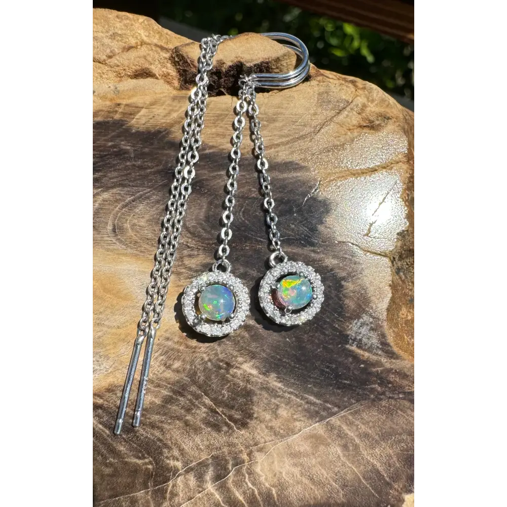 Silver opal drop earrings with handcrafted Lightning Ridge opal and cubic zirconia accents