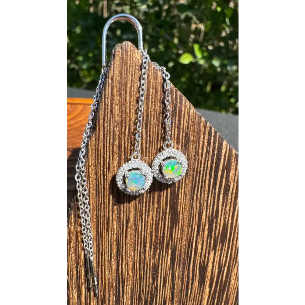 Silver opal drop earrings featuring 0.7ct Lightning Ridge Opal and cubic zirconia in Whitsunday Sparkle pendant