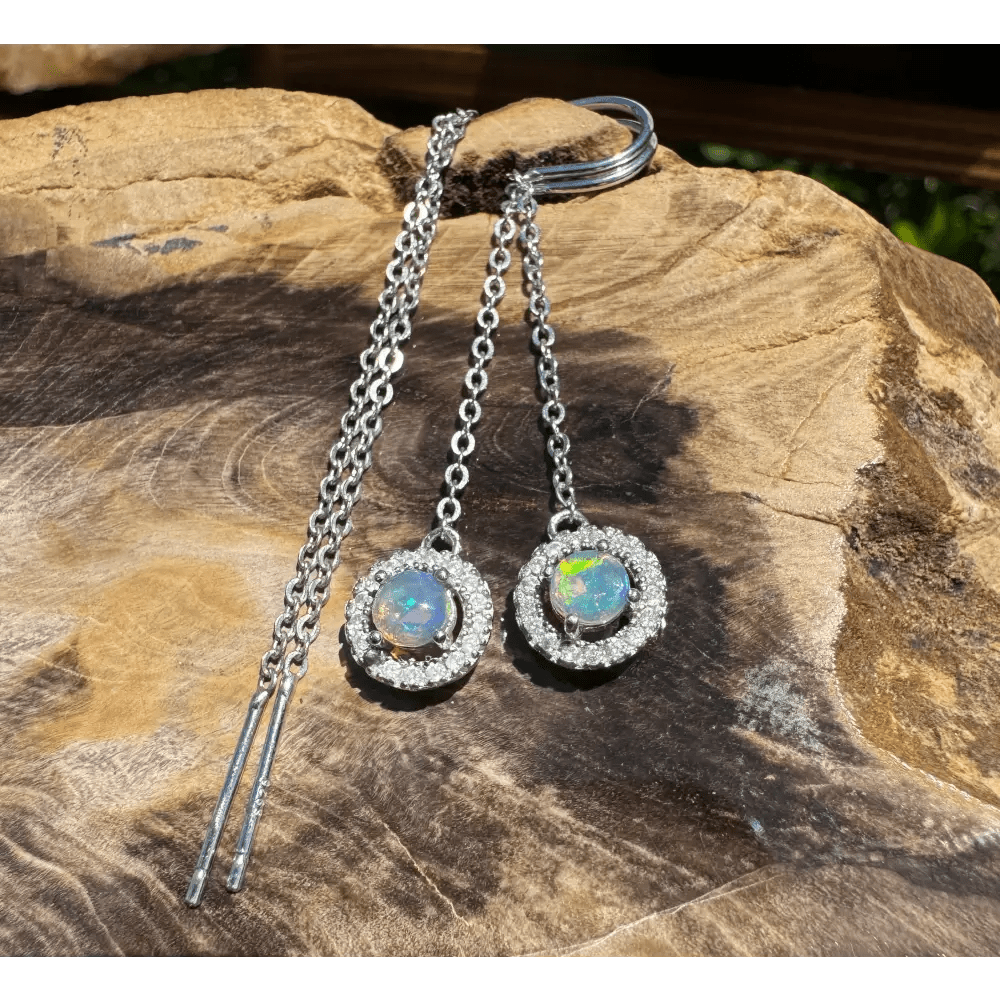 'Whitsunday Sparkle' ~ Handcrafted 0.7ct Solid Lightning Ridge Opal and Cubic Zirconia Earrings