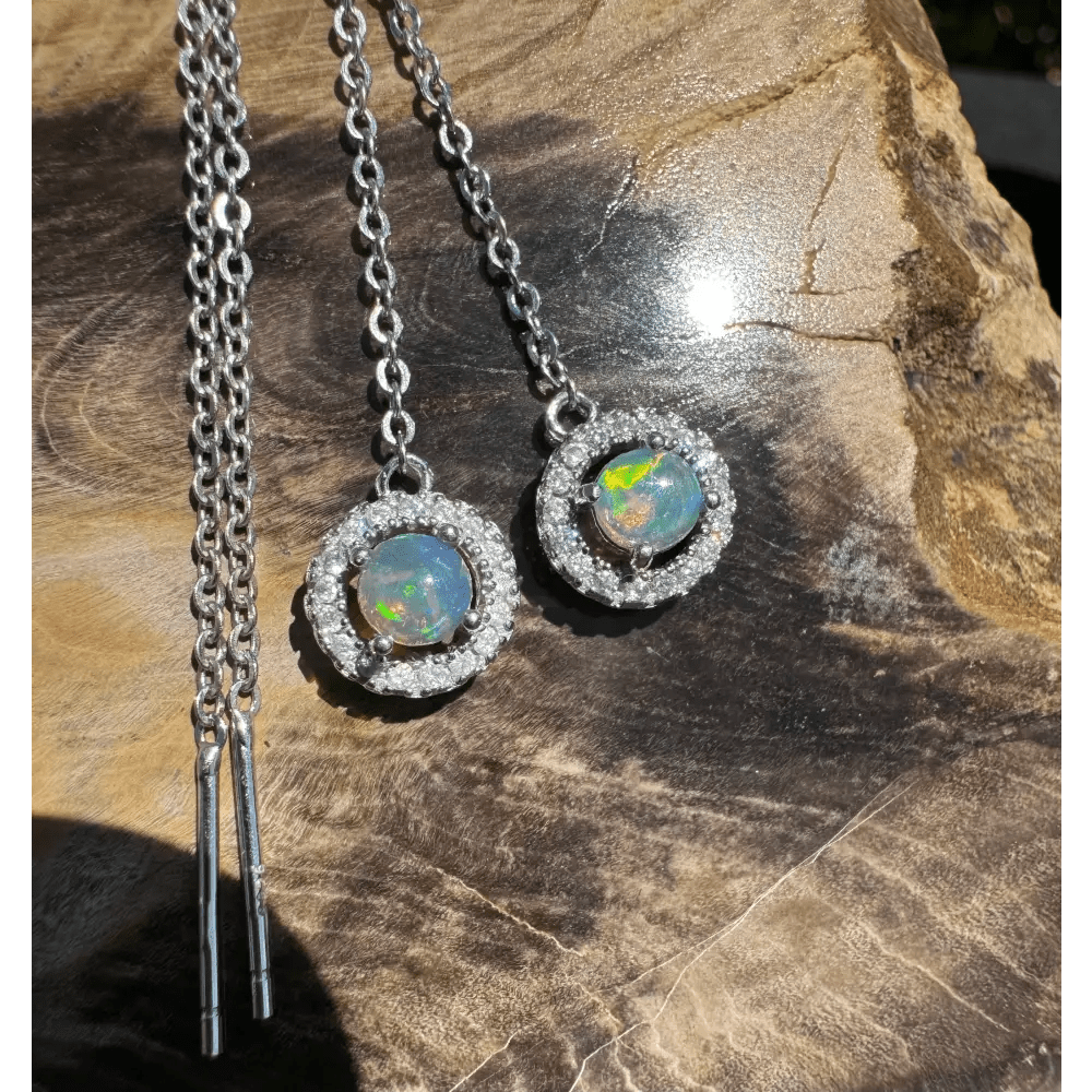 'Whitsunday Sparkle' ~ Handcrafted 0.7ct Solid Lightning Ridge Opal and Cubic Zirconia Earrings