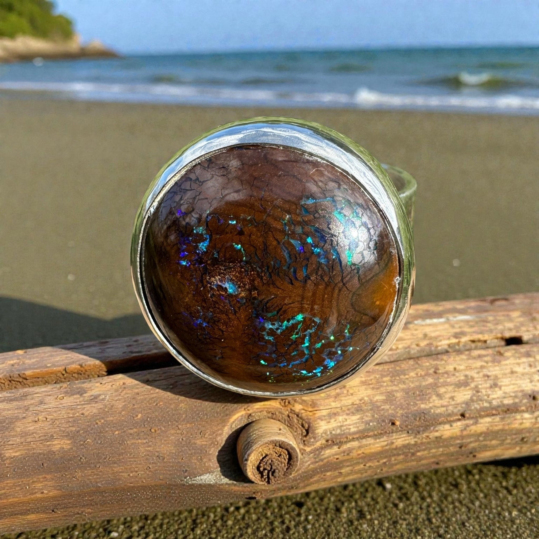 Whitsunday Tidefire ~ 11.1ct Solid Queensland Boulder Opal 925 Sterling Silver Ring