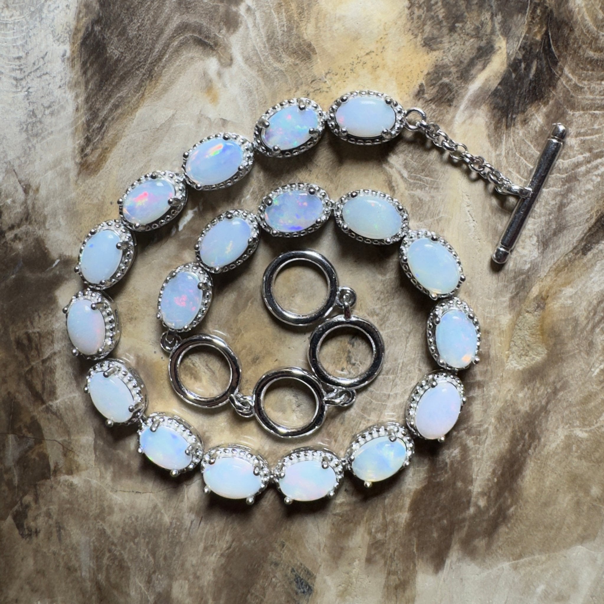 Wineglass Bay Wave ~ 5.4ct Coober Pedy Opal and Cubic Zirconia 925 Sterling Silver Bracelet