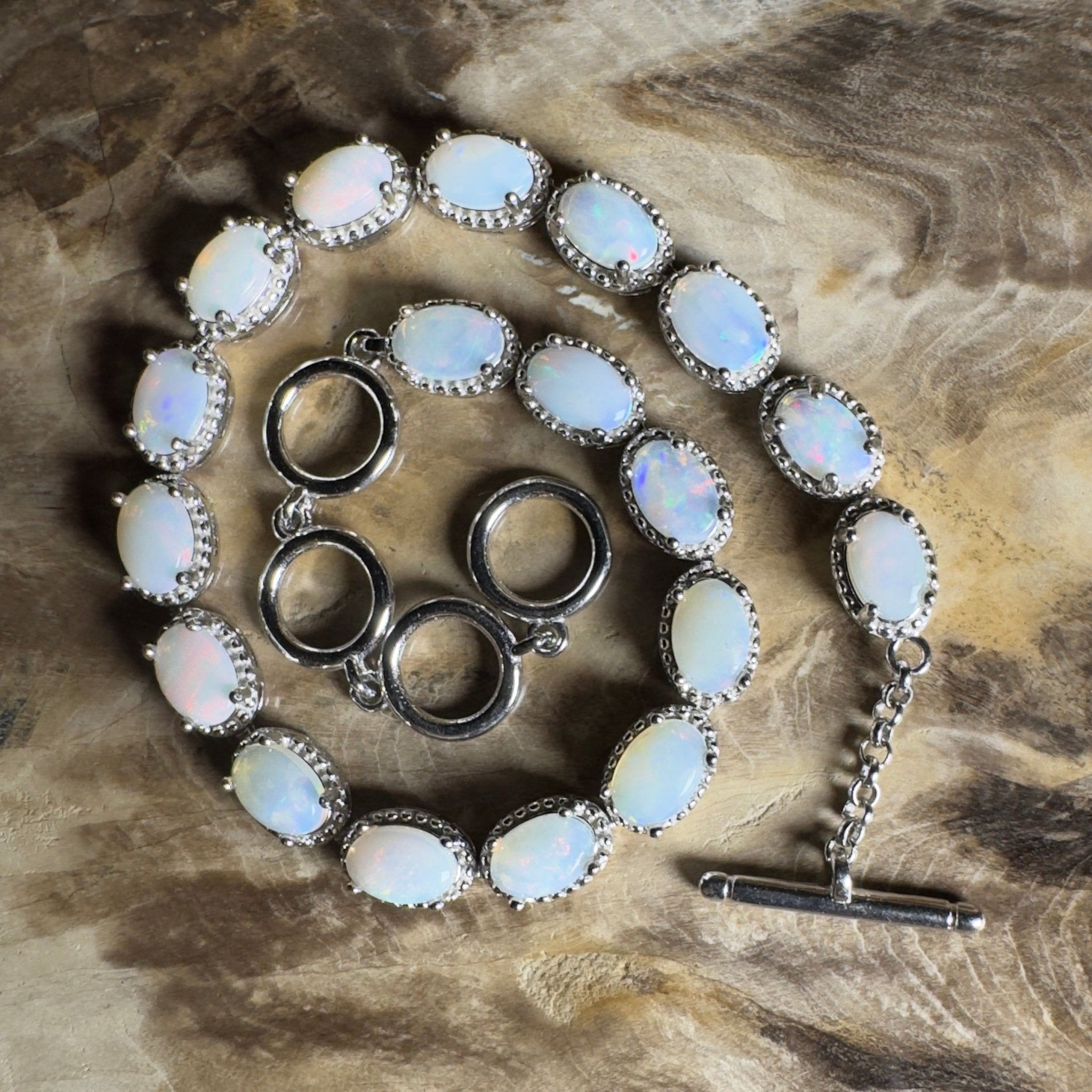 Wineglass Bay Wave ~ 5.4ct Coober Pedy Opal and Cubic Zirconia 925 Sterling Silver Bracelet