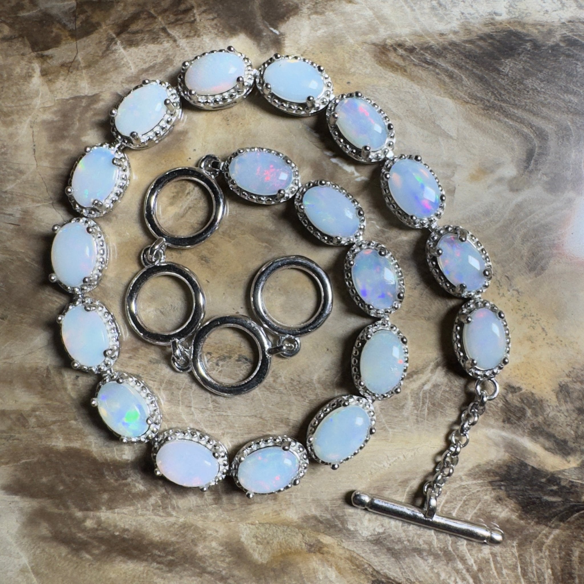 Wineglass Bay Wave ~ 5.4ct Coober Pedy Opal and Cubic Zirconia 925 Sterling Silver Bracelet