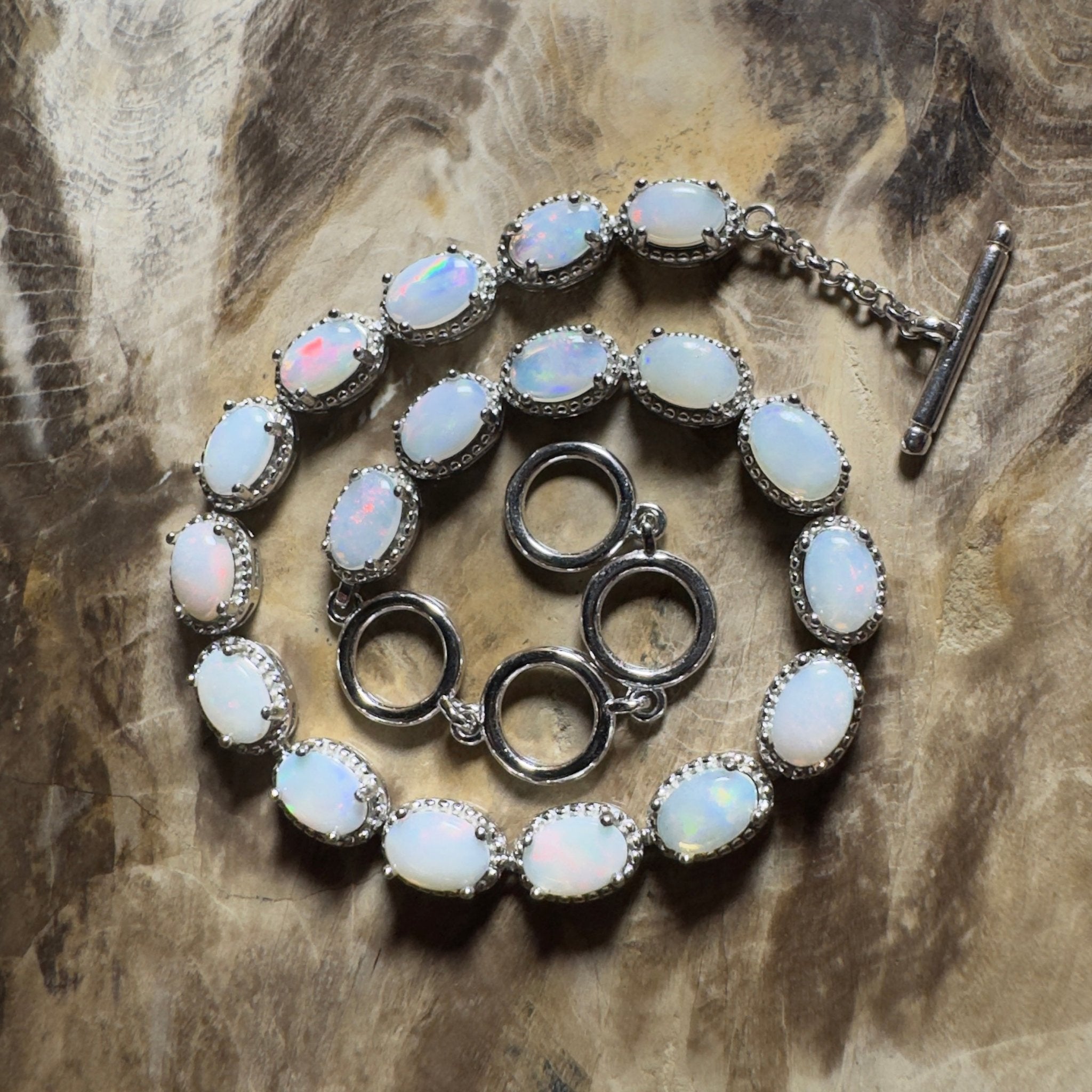 Wineglass Bay Wave ~ 5.4ct Coober Pedy Opal and Cubic Zirconia 925 Sterling Silver Bracelet