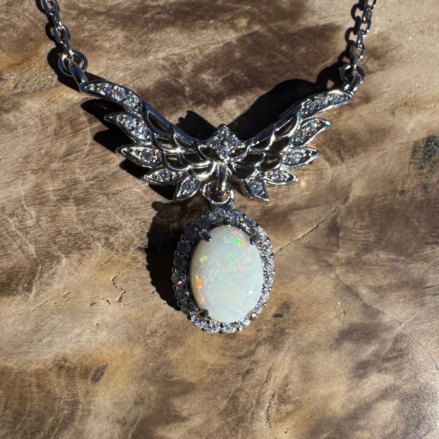 Wings Over Wintinna ~ 1ct Solid Coober Pedy Opal and Cubic Zirconia 925 Sterling Silver Necklace