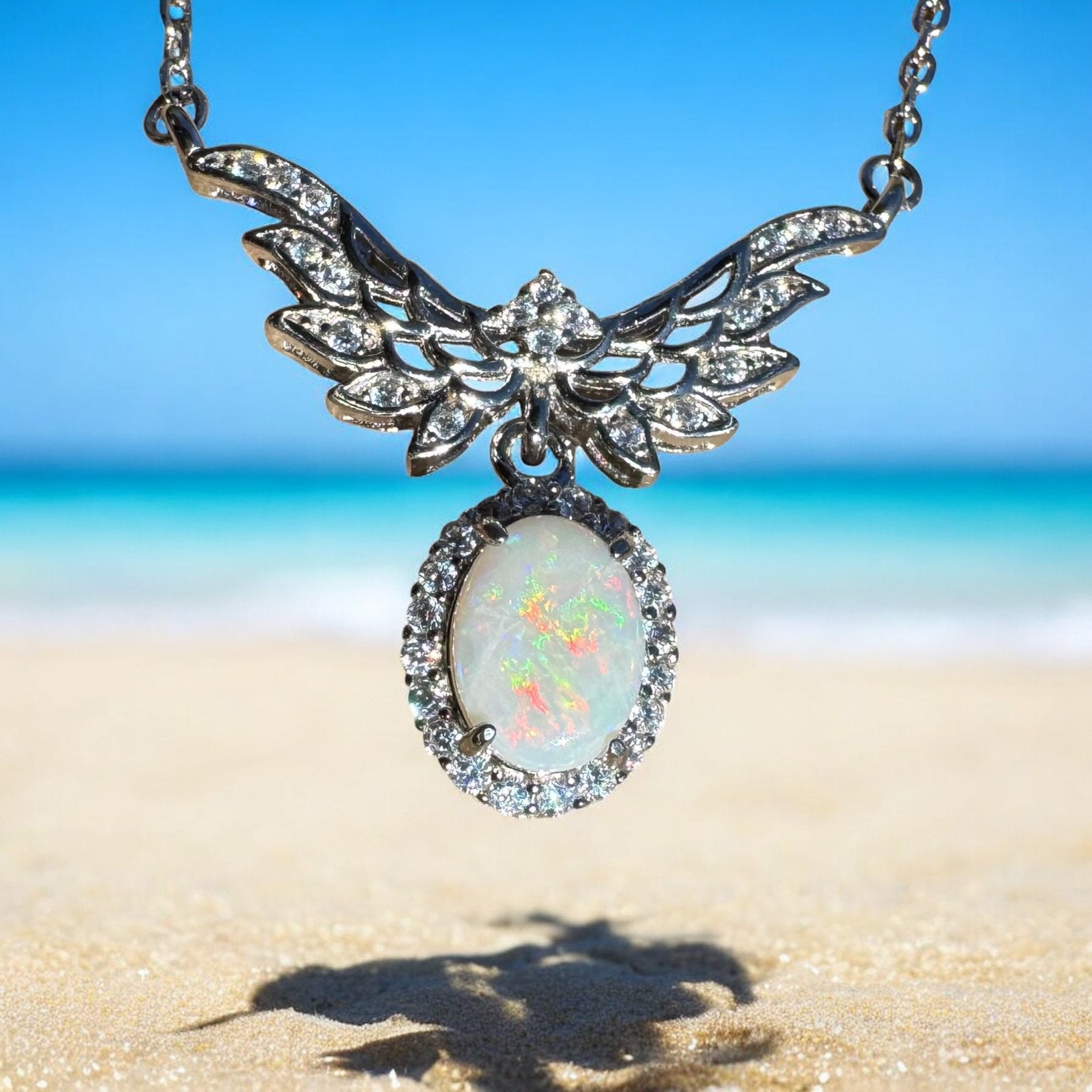 Wings Over Wintinna ~ 1ct Solid Coober Pedy Opal and Cubic Zirconia 925 Sterling Silver Necklace