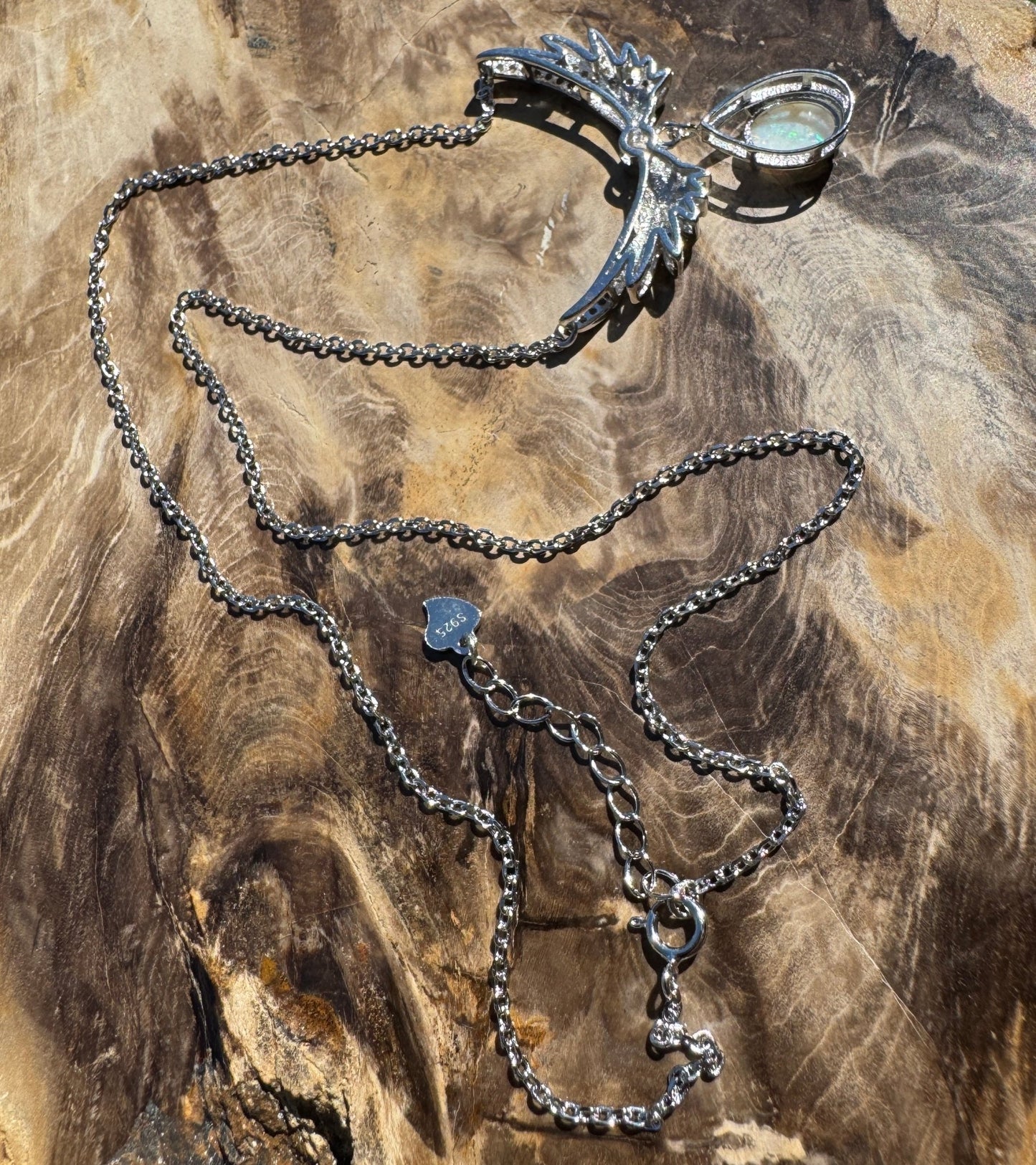 Wings Over Wintinna ~ 1ct Solid Coober Pedy Opal and Cubic Zirconia 925 Sterling Silver Necklace