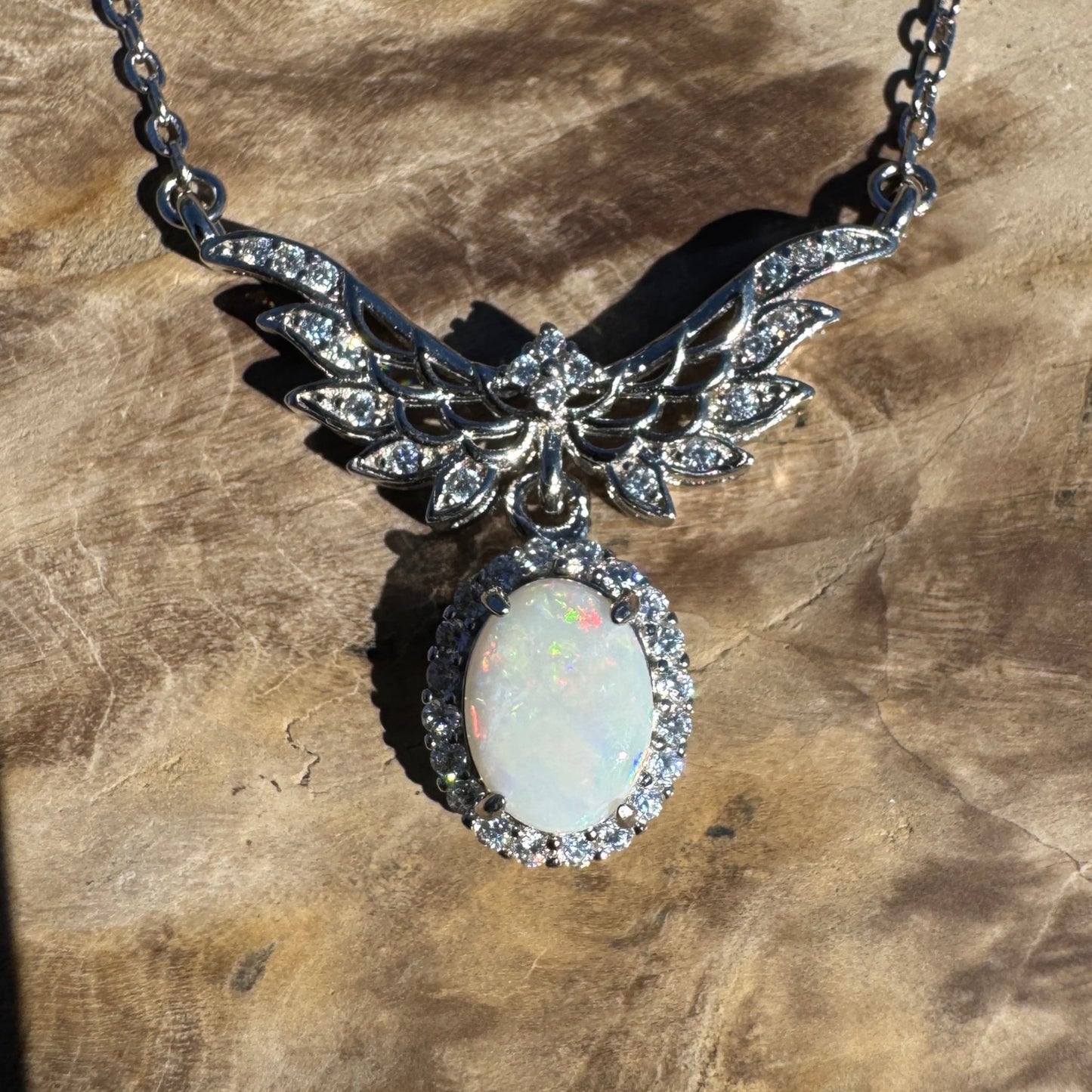 Wings Over Wintinna ~ 1ct Solid Coober Pedy Opal and Cubic Zirconia 925 Sterling Silver Necklace