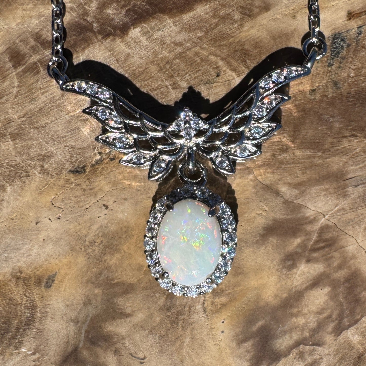 Wings Over Wintinna ~ 1ct Solid Coober Pedy Opal and Cubic Zirconia 925 Sterling Silver Necklace