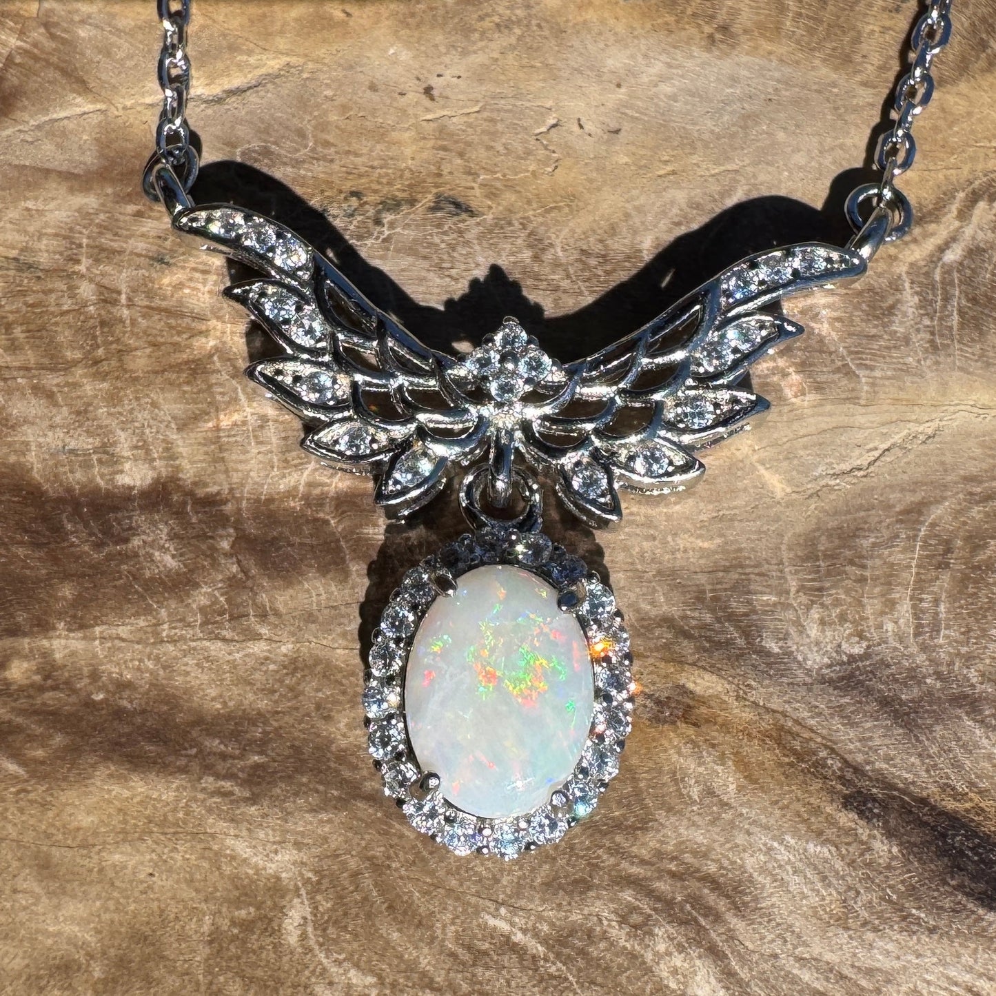 Wings Over Wintinna ~ 1ct Solid Coober Pedy Opal and Cubic Zirconia 925 Sterling Silver Necklace