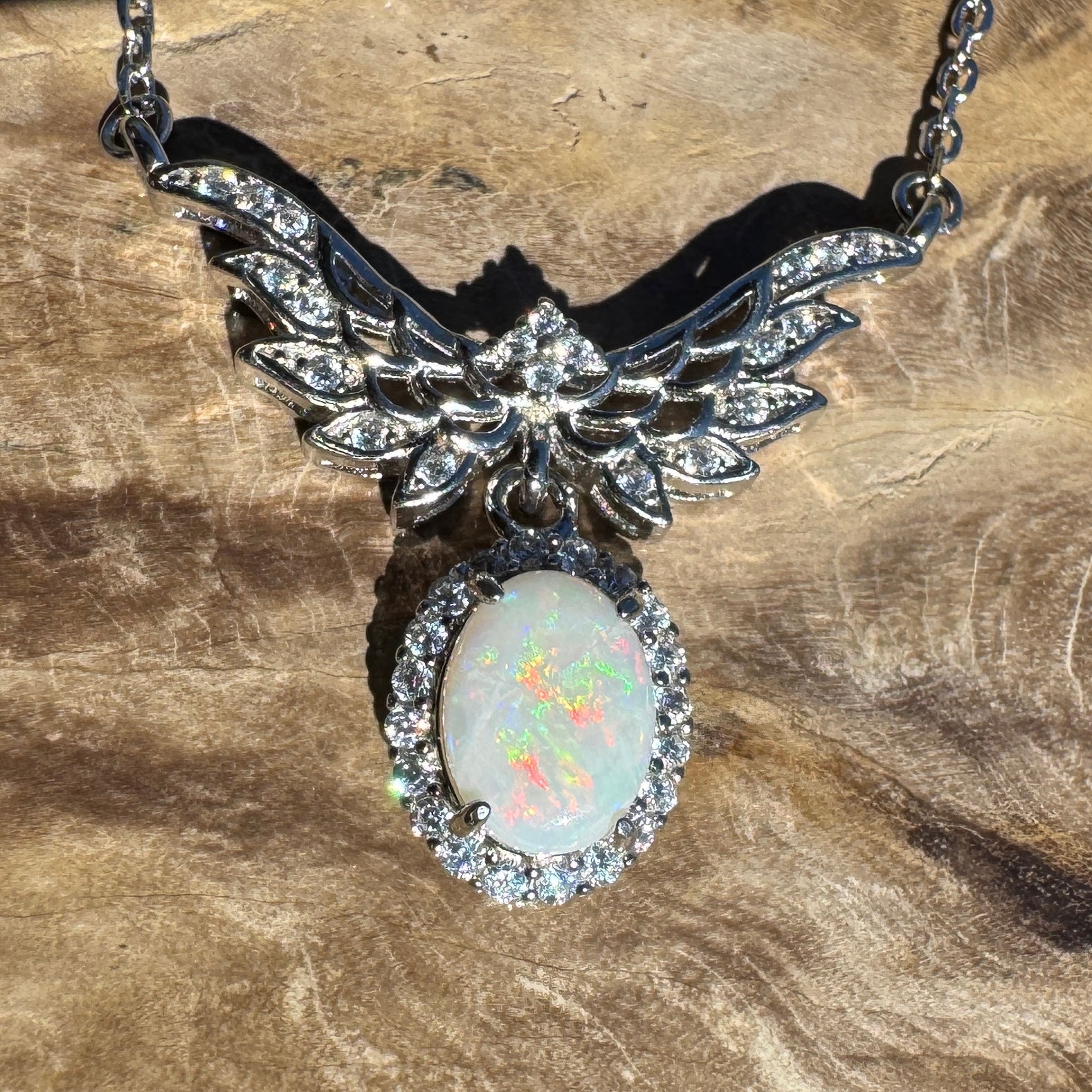 Wings Over Wintinna ~ 1ct Solid Coober Pedy Opal and Cubic Zirconia 925 Sterling Silver Necklace
