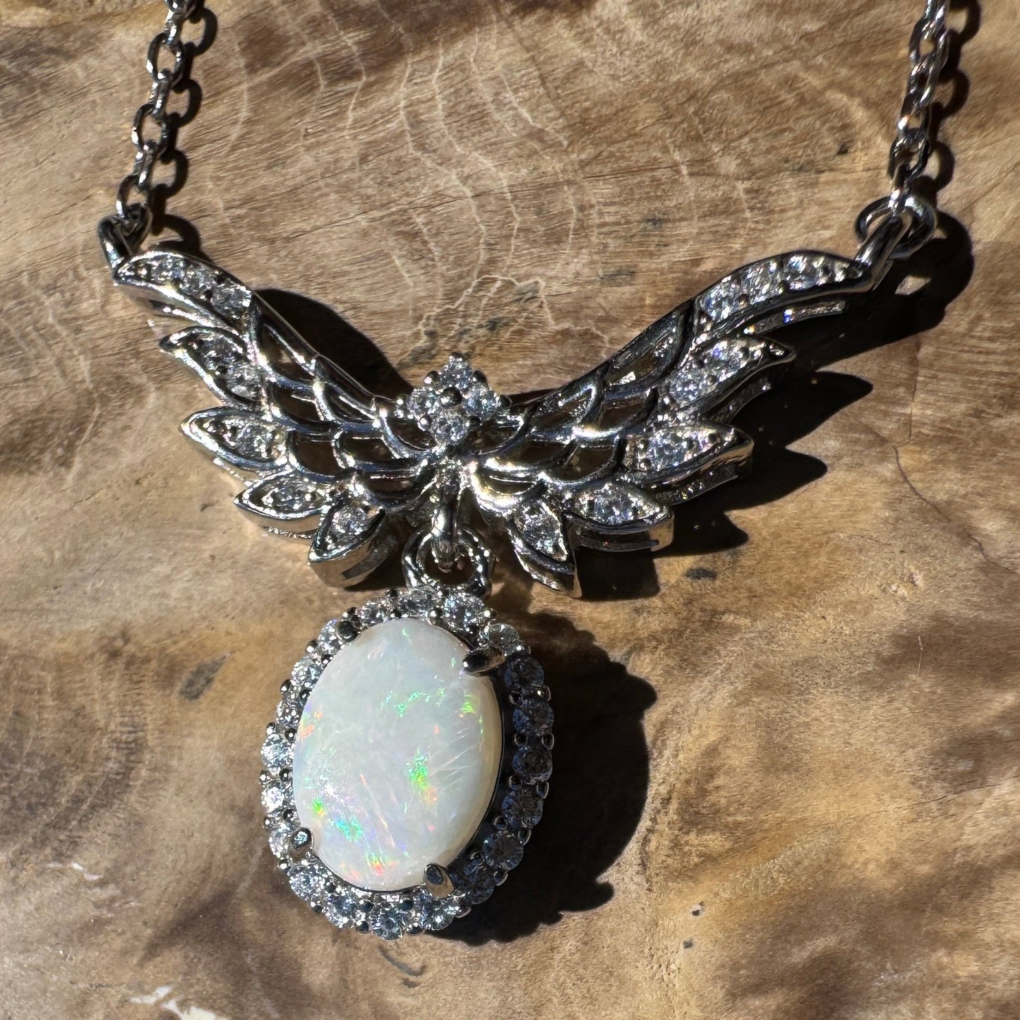 Wings Over Wintinna ~ 1ct Solid Coober Pedy Opal and Cubic Zirconia 925 Sterling Silver Necklace