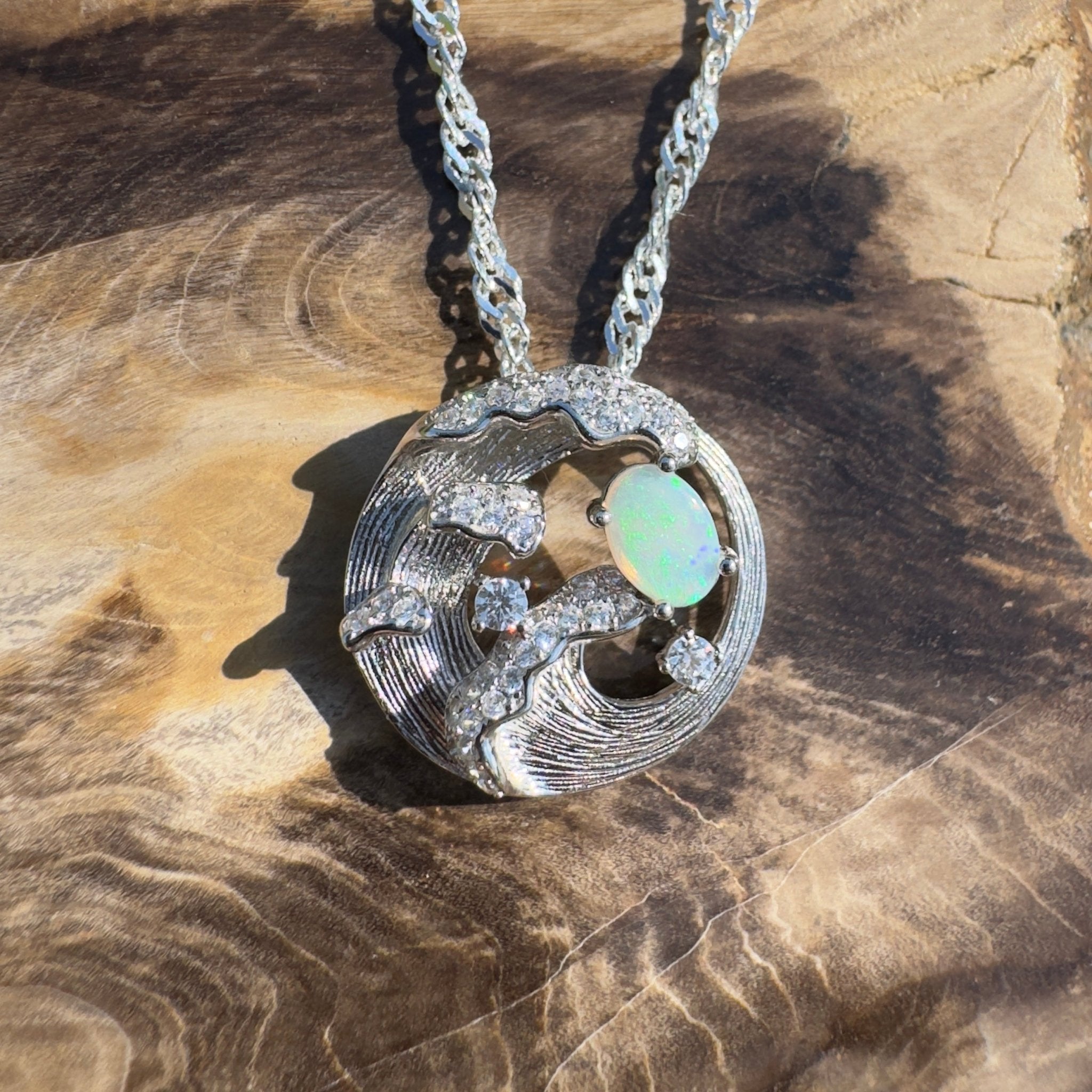 Yallingup Crest ~ 0.3ct Lightning Ridge Opal 925 Silver Wave Pendant