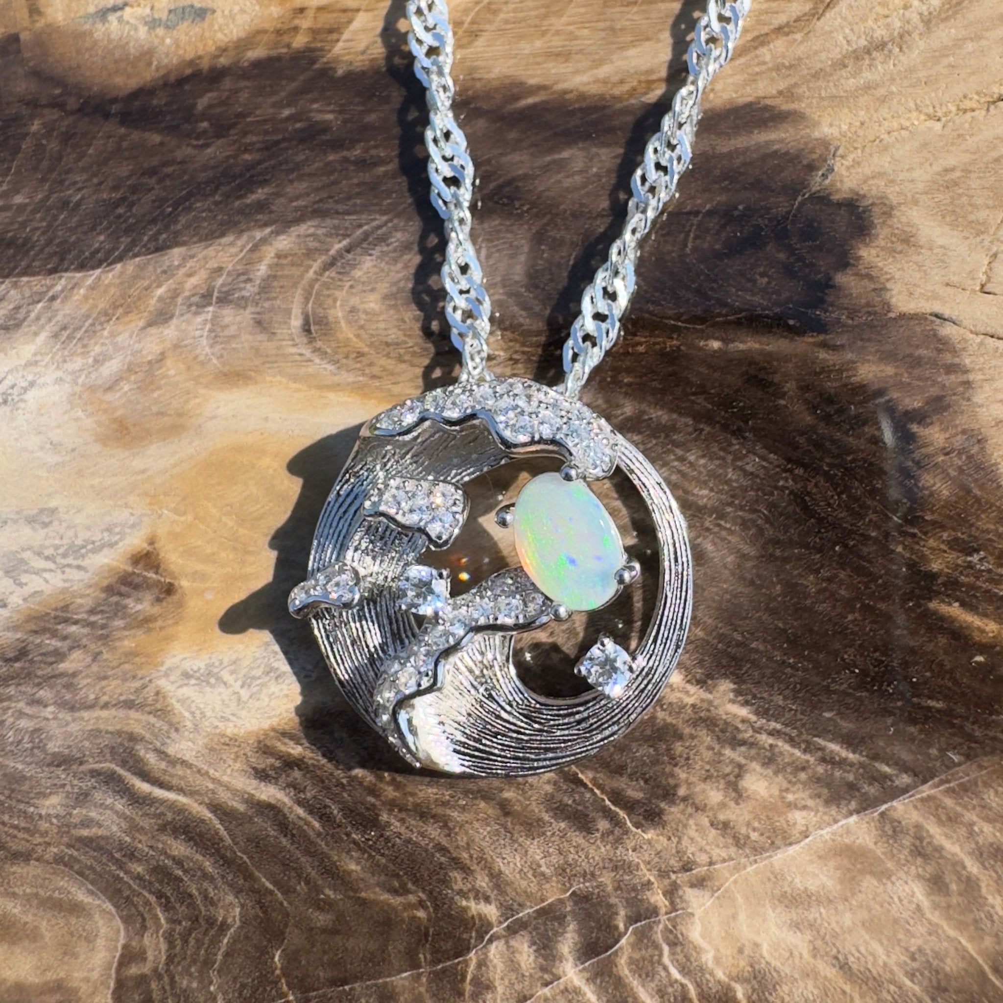 Yallingup Crest ~ 0.3ct Lightning Ridge Opal 925 Silver Wave Pendant