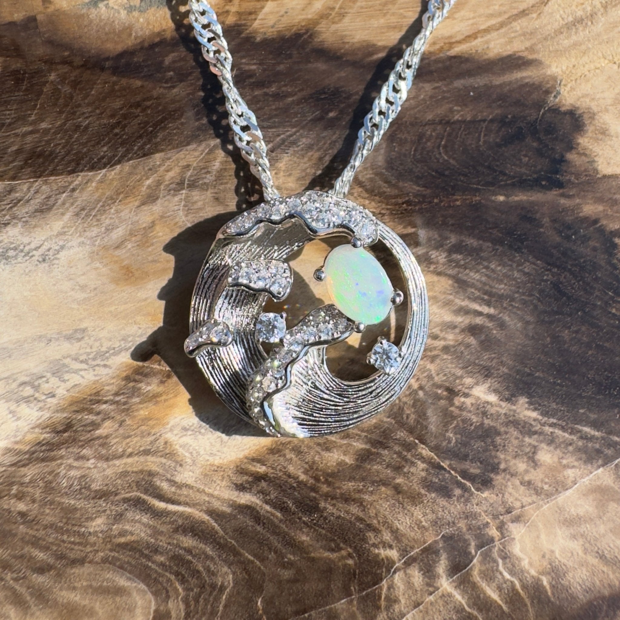 Yallingup Crest ~ 0.3ct Lightning Ridge Opal 925 Silver Wave Pendant