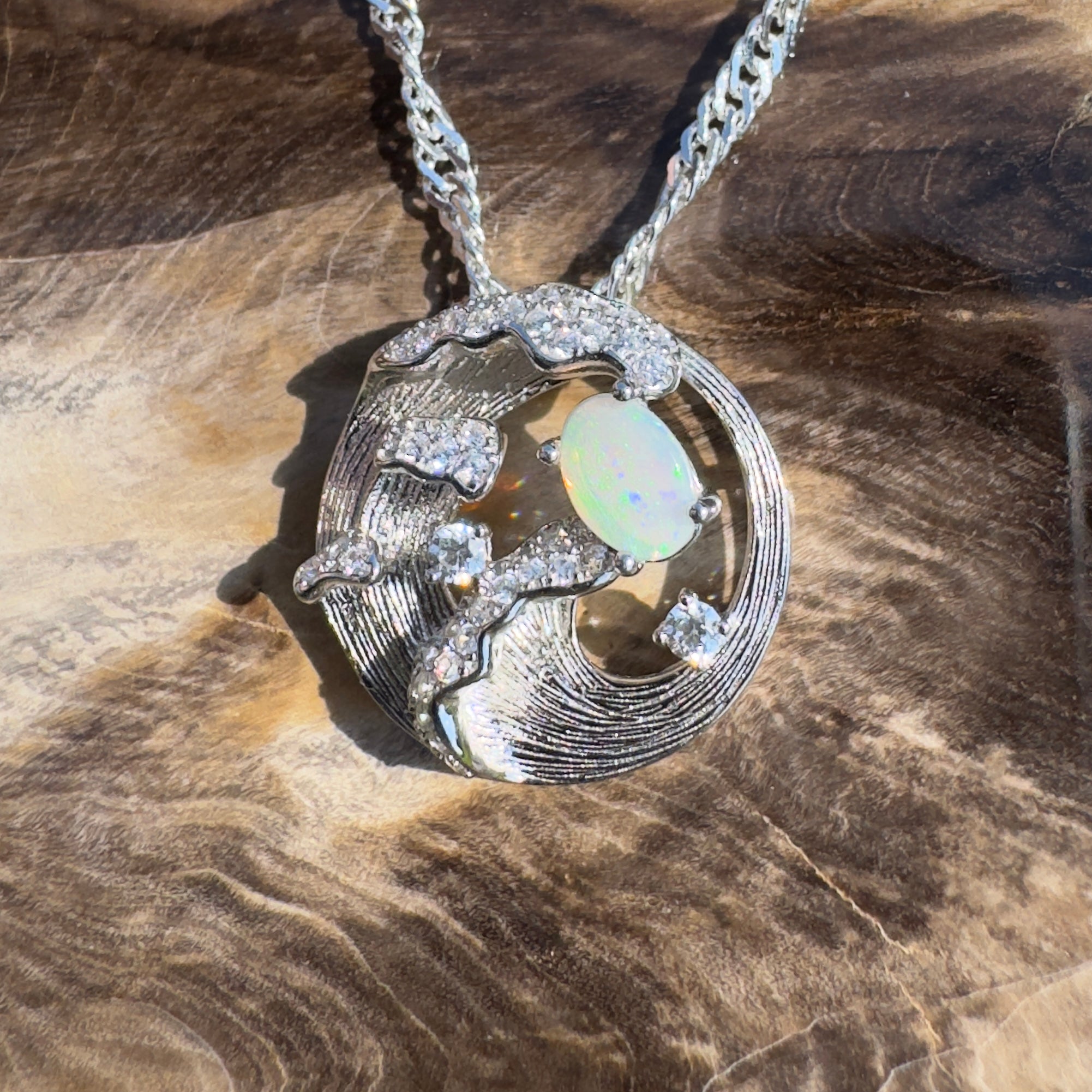 Yallingup Crest ~ 0.3ct Lightning Ridge Opal 925 Silver Wave Pendant