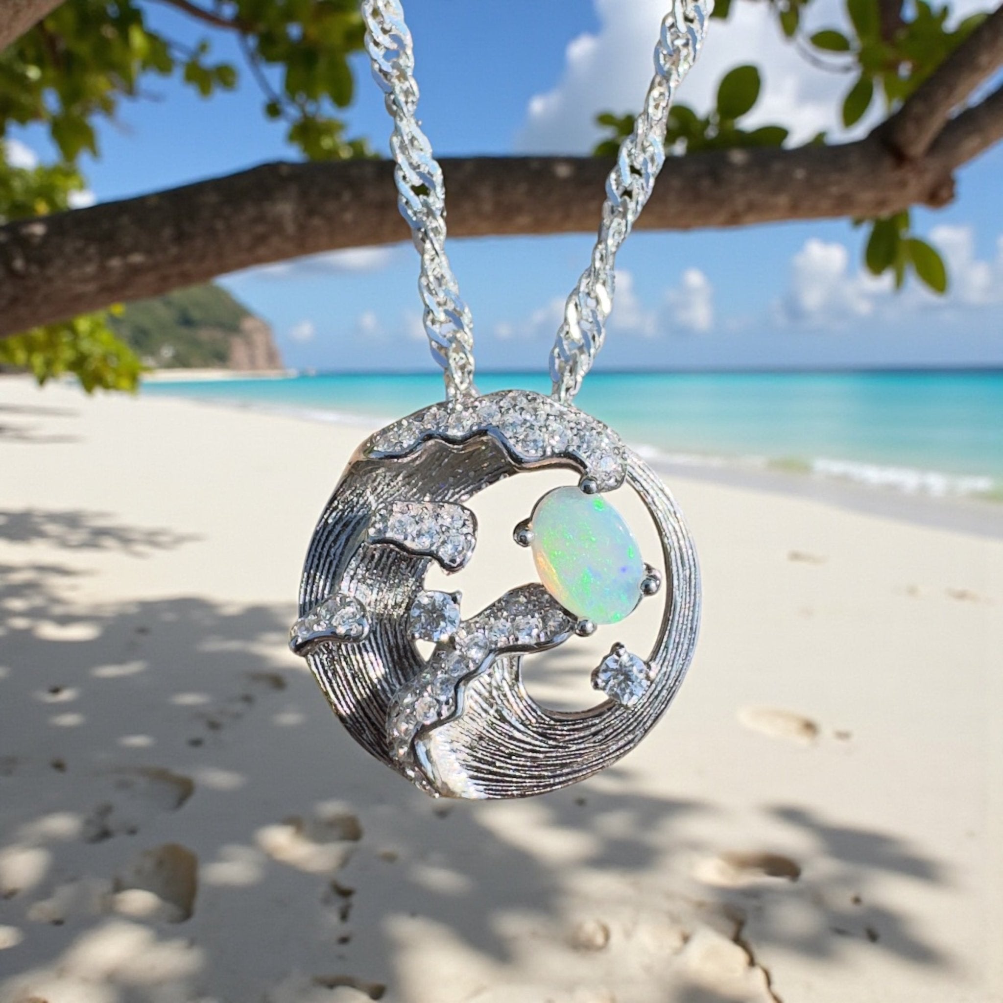 Yallingup Crest ~ 0.3ct Lightning Ridge Opal 925 Silver Wave Pendant