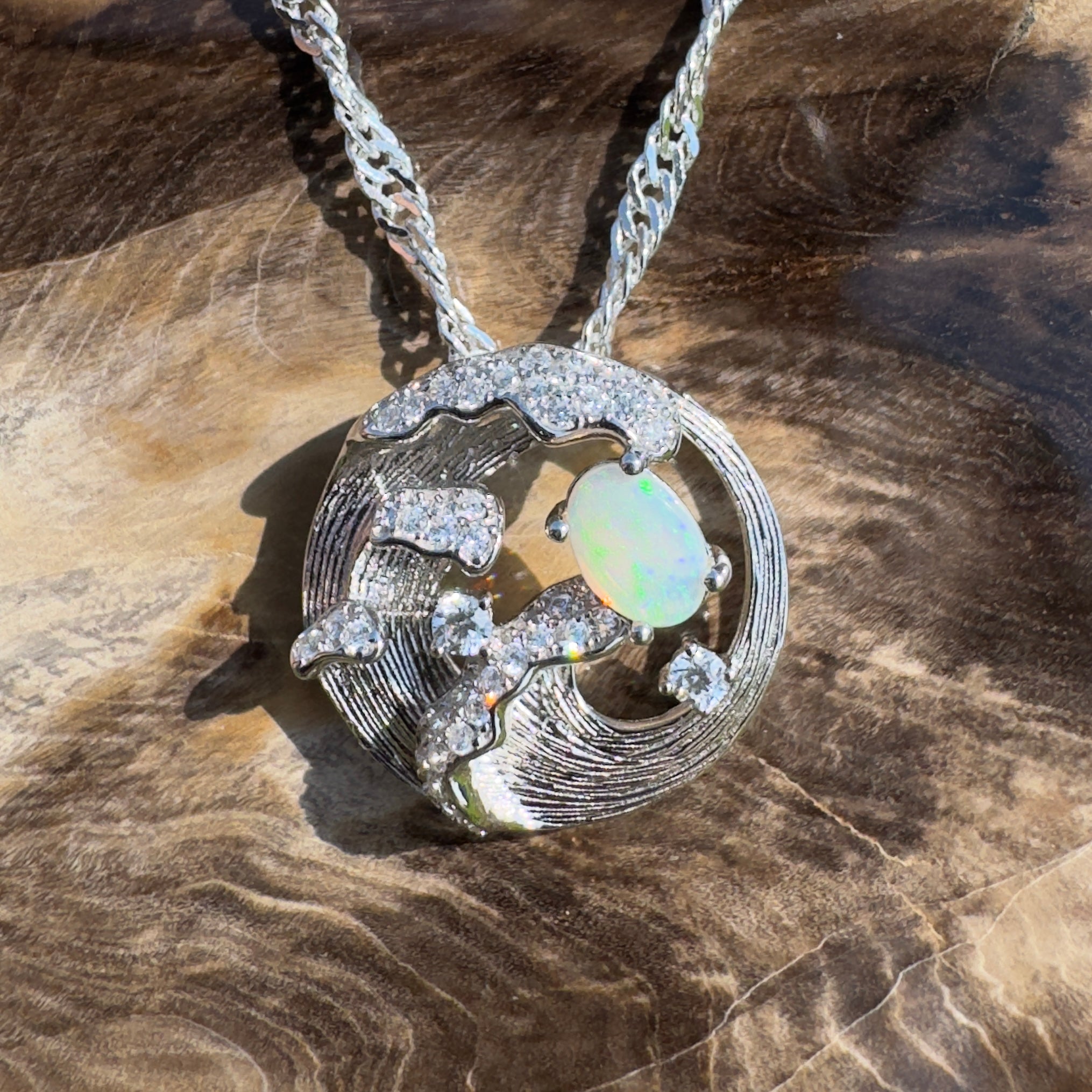 Yallingup Crest ~ 0.3ct Lightning Ridge Opal 925 Silver Wave Pendant