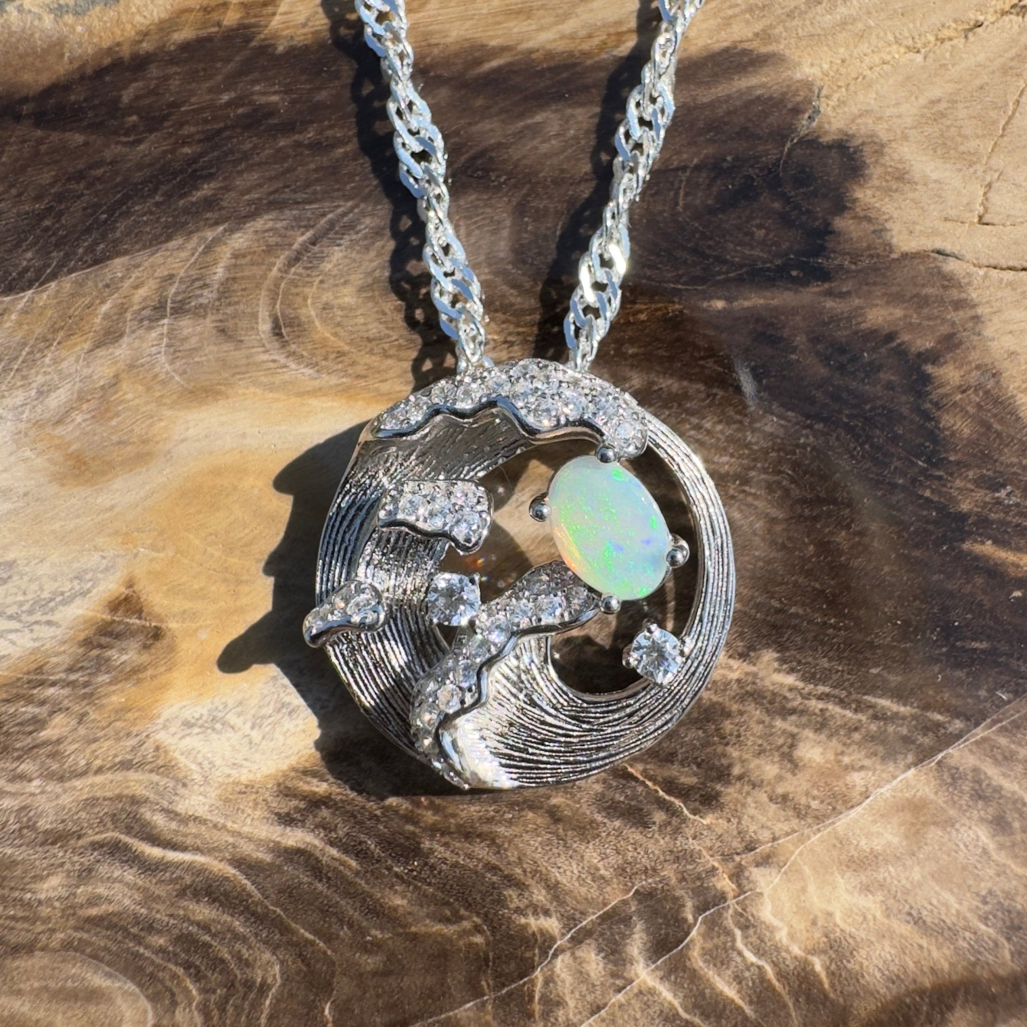 Yallingup Crest ~ 0.3ct Lightning Ridge Opal 925 Silver Wave Pendant