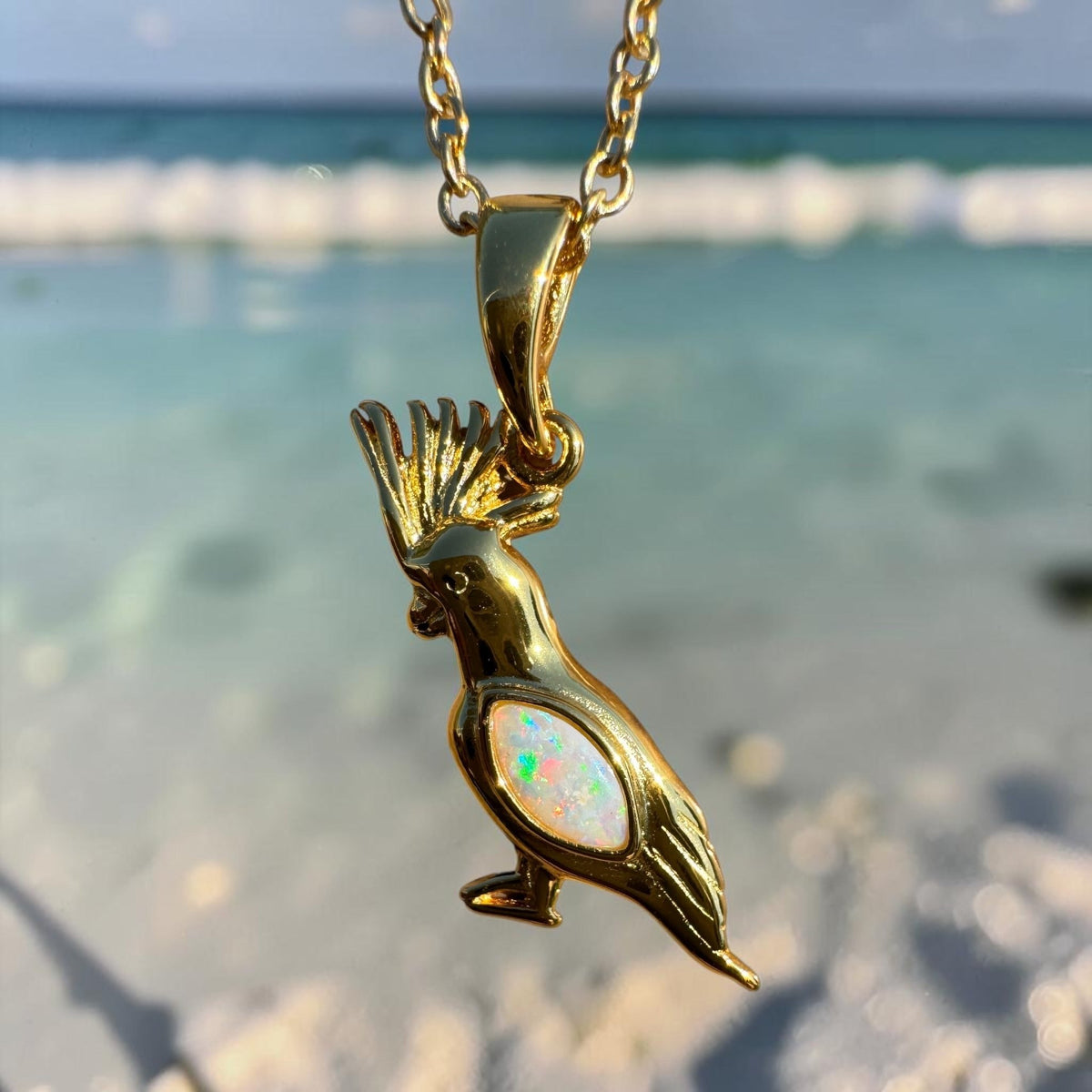 0.3ct Coober Pedy Opal Cockatoo Pendant Necklace ~ 'Kangaroo Valley Glow' | Yellow Gold Coated 925 Sterling Silver | Solid Australian Opal