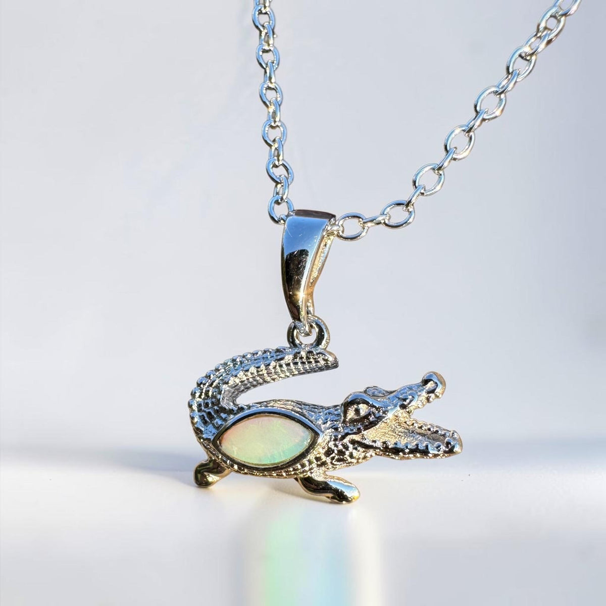 0.3ct Coober Pedy Opal Crocodile Pendant Necklace ~ 'Cahills Crossing Greens' | 925 Sterling Silver | Solid Australian Opal