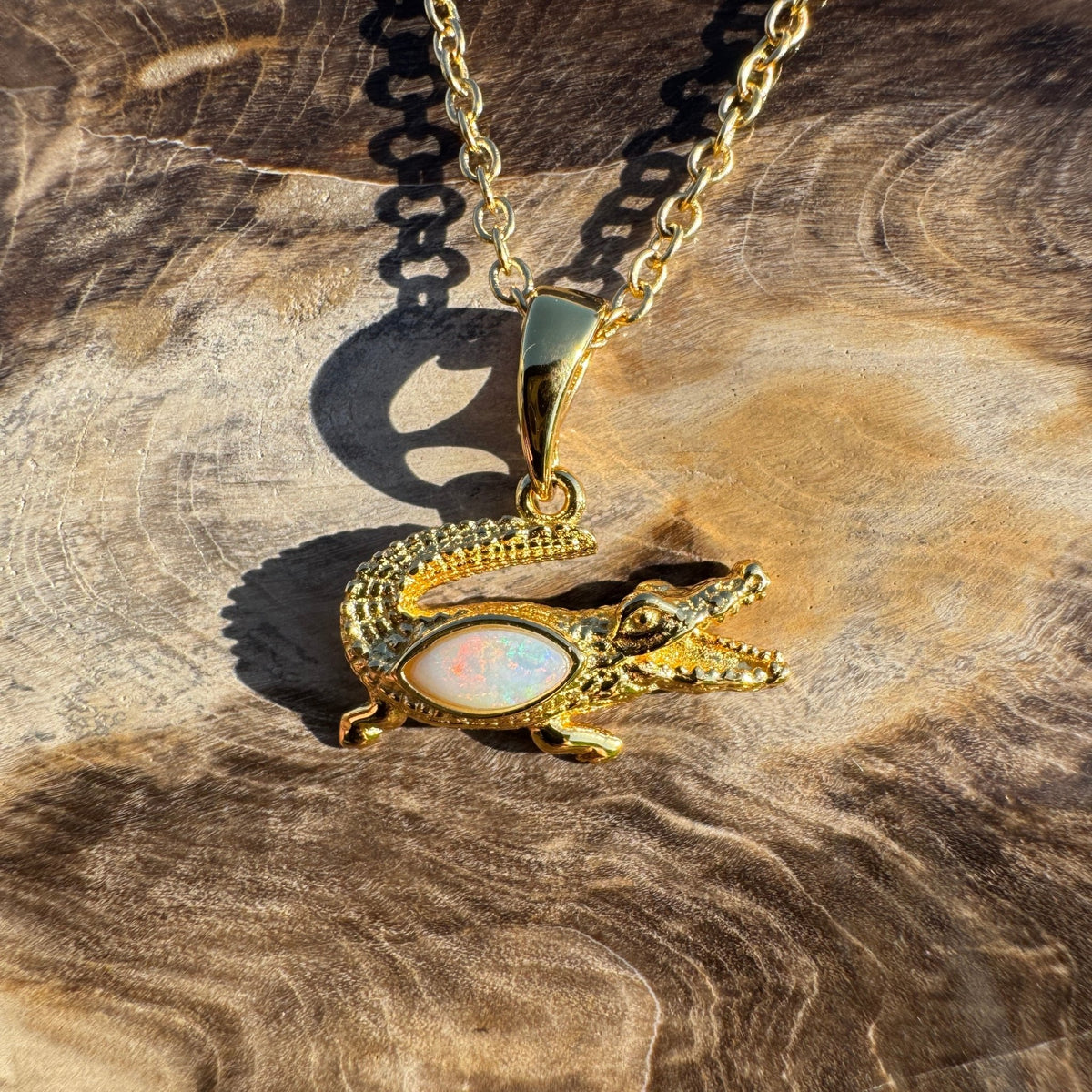 0.3ct Coober Pedy Opal Crocodile Pendant Necklace ~ 'Daly River Amber' | Yellow Gold Coated 925 Sterling Silver | Solid Australian Opal
