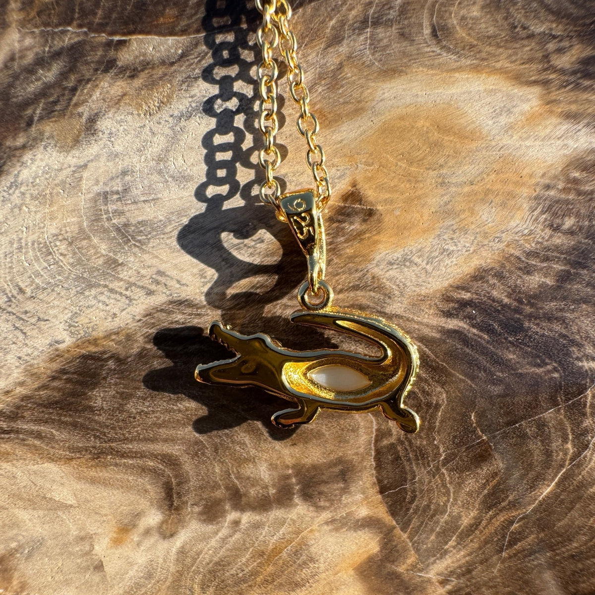 0.3ct Coober Pedy Opal Crocodile Pendant Necklace ~ 'Daly River Amber' | Yellow Gold Coated 925 Sterling Silver | Solid Australian Opal