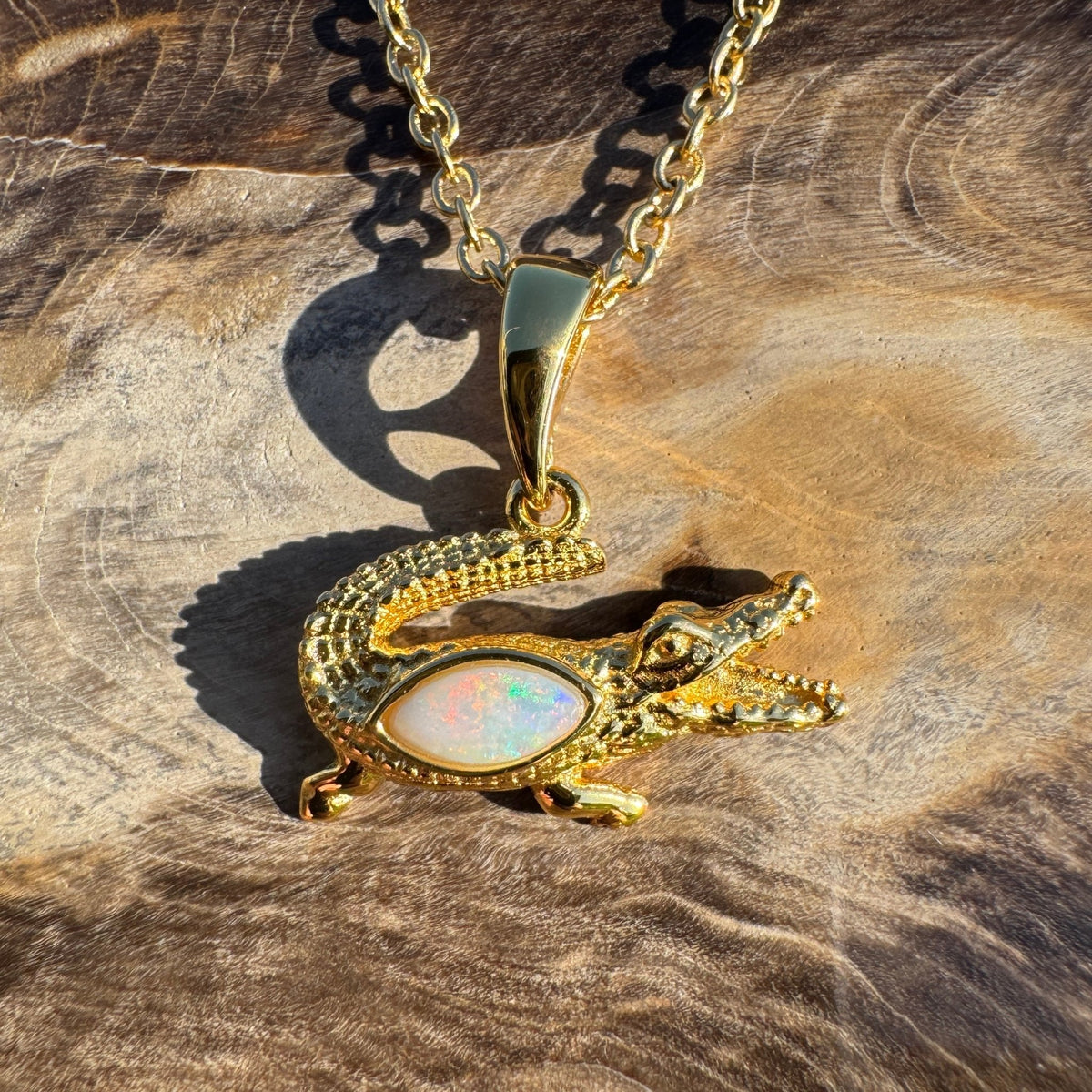 0.3ct Coober Pedy Opal Crocodile Pendant Necklace ~ 'Daly River Amber' | Yellow Gold Coated 925 Sterling Silver | Solid Australian Opal
