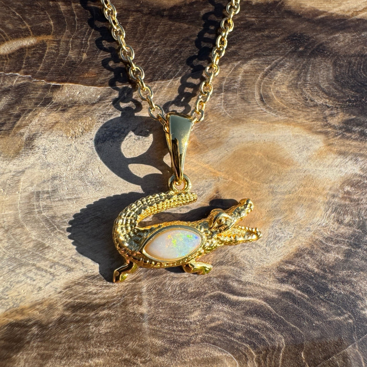 0.3ct Coober Pedy Opal Crocodile Pendant Necklace ~ 'Daly River Amber' | Yellow Gold Coated 925 Sterling Silver | Solid Australian Opal