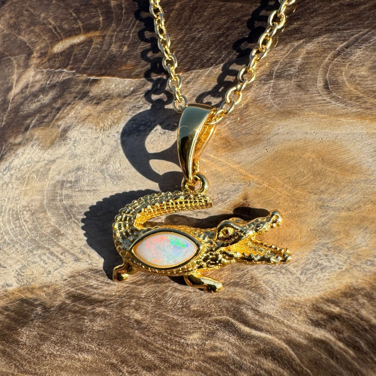 0.3ct Coober Pedy Opal Crocodile Pendant Necklace ~ 'Daly River Amber' | Yellow Gold Coated 925 Sterling Silver | Solid Australian Opal