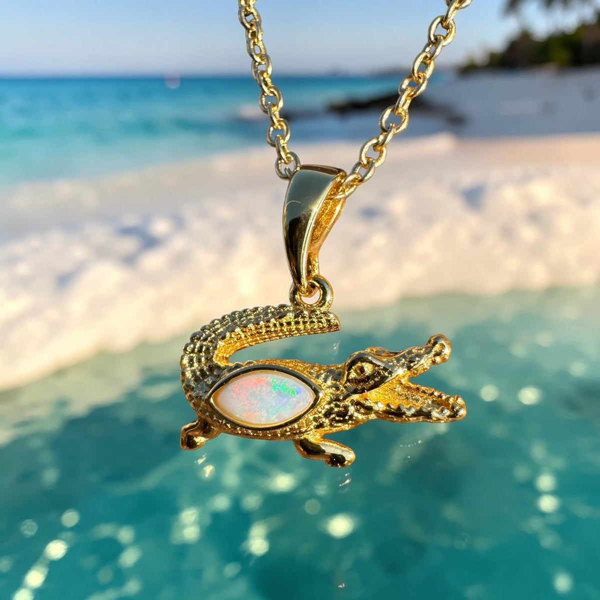 0.3ct Coober Pedy Opal Crocodile Pendant Necklace ~ 'Daly River Amber' | Yellow Gold Coated 925 Sterling Silver | Solid Australian Opal