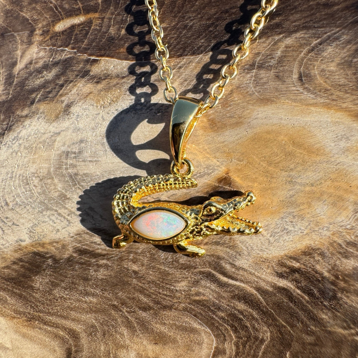 0.3ct Coober Pedy Opal Crocodile Pendant Necklace ~ 'Daly River Amber' | Yellow Gold Coated 925 Sterling Silver | Solid Australian Opal