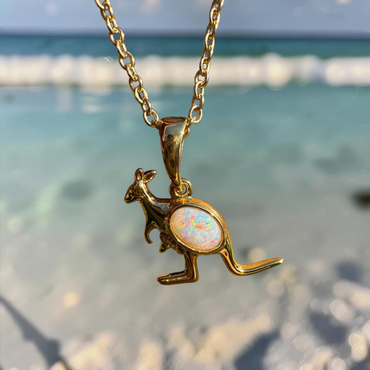 0.3ct Coober Pedy Opal Kangaroo Pendant Necklace ~ 'Cape Hillsborough Hop' | Yellow Gold Coated 925 Sterling Silver | Solid Australian Opal