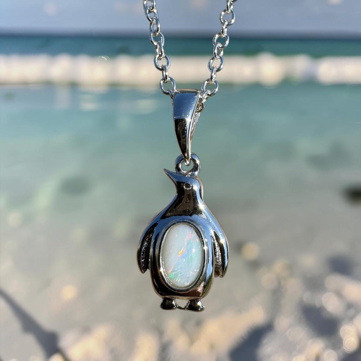 0.3ct Coober Pedy Opal Penguin Pendant Necklace ~ 'St Kilda Pier Glow' | 925 Sterling Silver | Solid Australian Opal