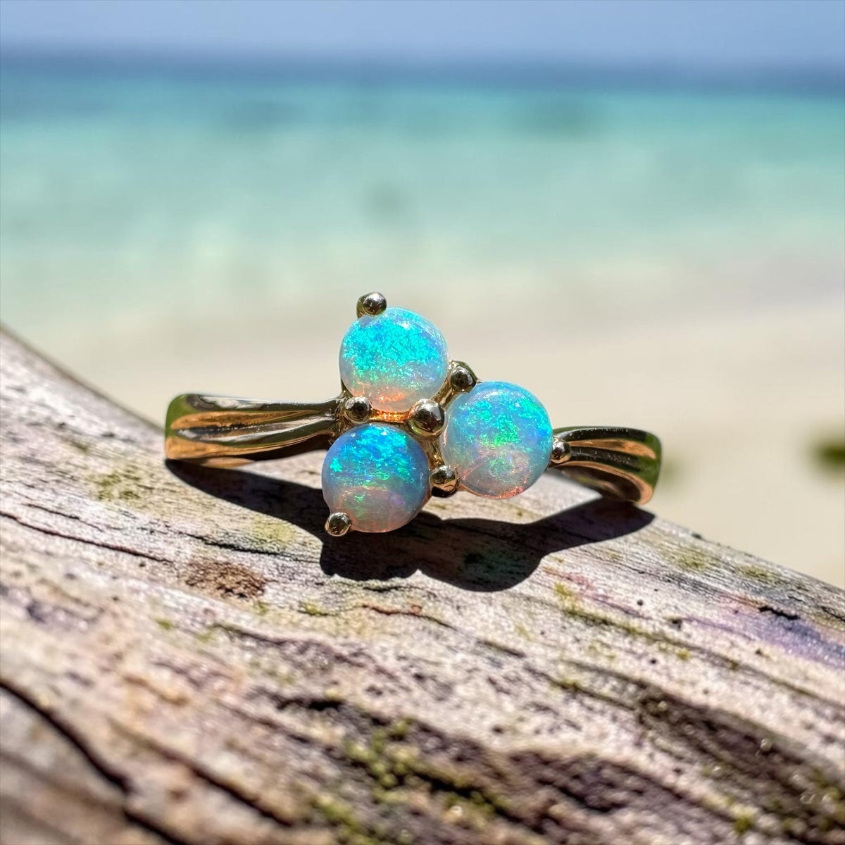 0.3ct Lightning Ridge Crystal Opal Ring ~ 'Kings Canyon Trio' | 14ct Yellow Gold | Solid Australian Opal