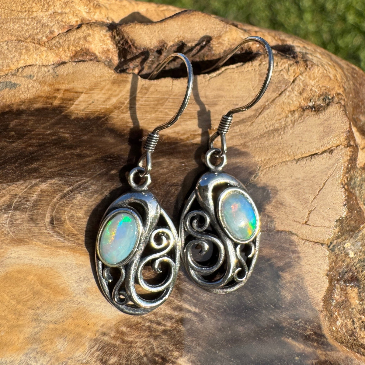 0.4ct Coober Pedy Opal Hook Earrings ~ 'Penneshaw Firelight' | 925 Sterling Silver | Solid Australian Opal