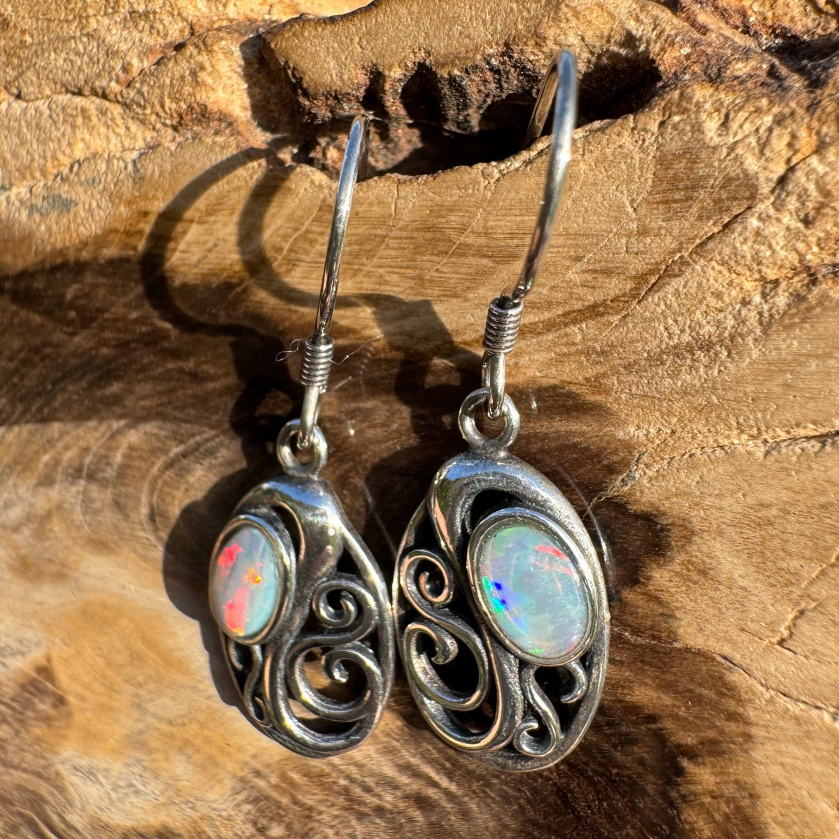 0.4ct Coober Pedy Opal Hook Earrings ~ 'Penneshaw Firelight' | 925 Sterling Silver | Solid Australian Opal