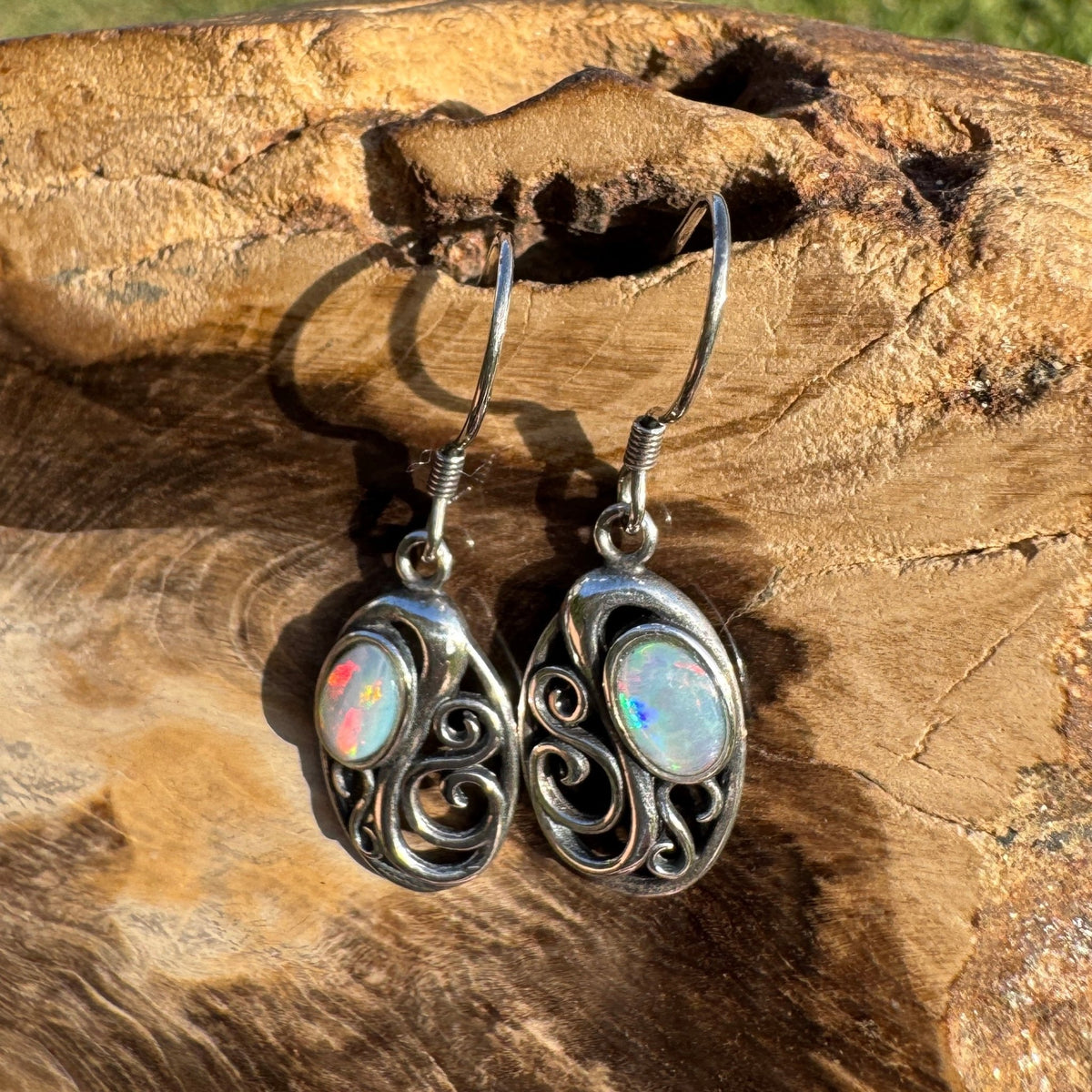 0.4ct Coober Pedy Opal Hook Earrings ~ 'Penneshaw Firelight' | 925 Sterling Silver | Solid Australian Opal