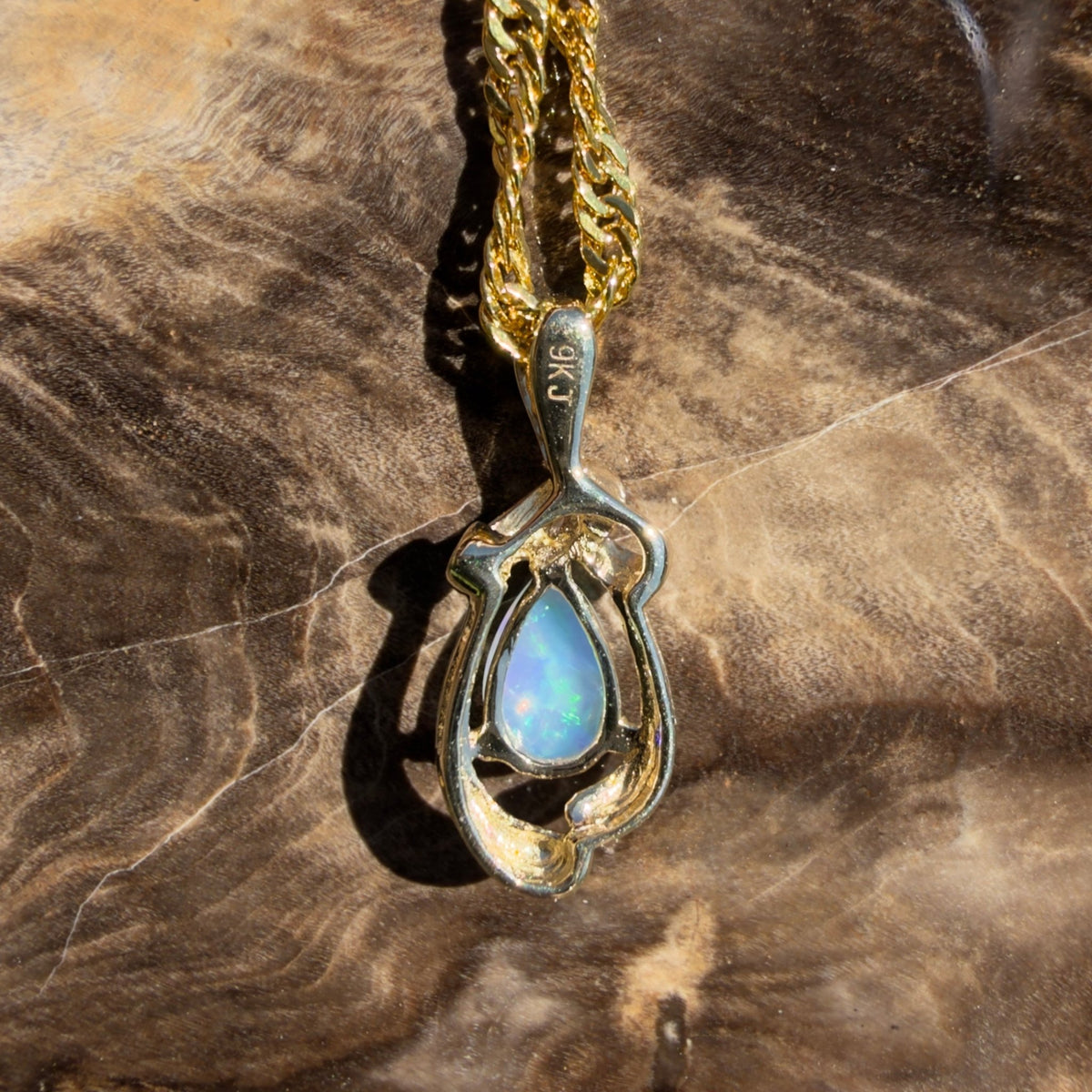 0.4ct Coober Pedy Opal Pendant Necklace ~ 'Gympie Firedrop' | 9ct Yellow Gold | Solid Australian Opal