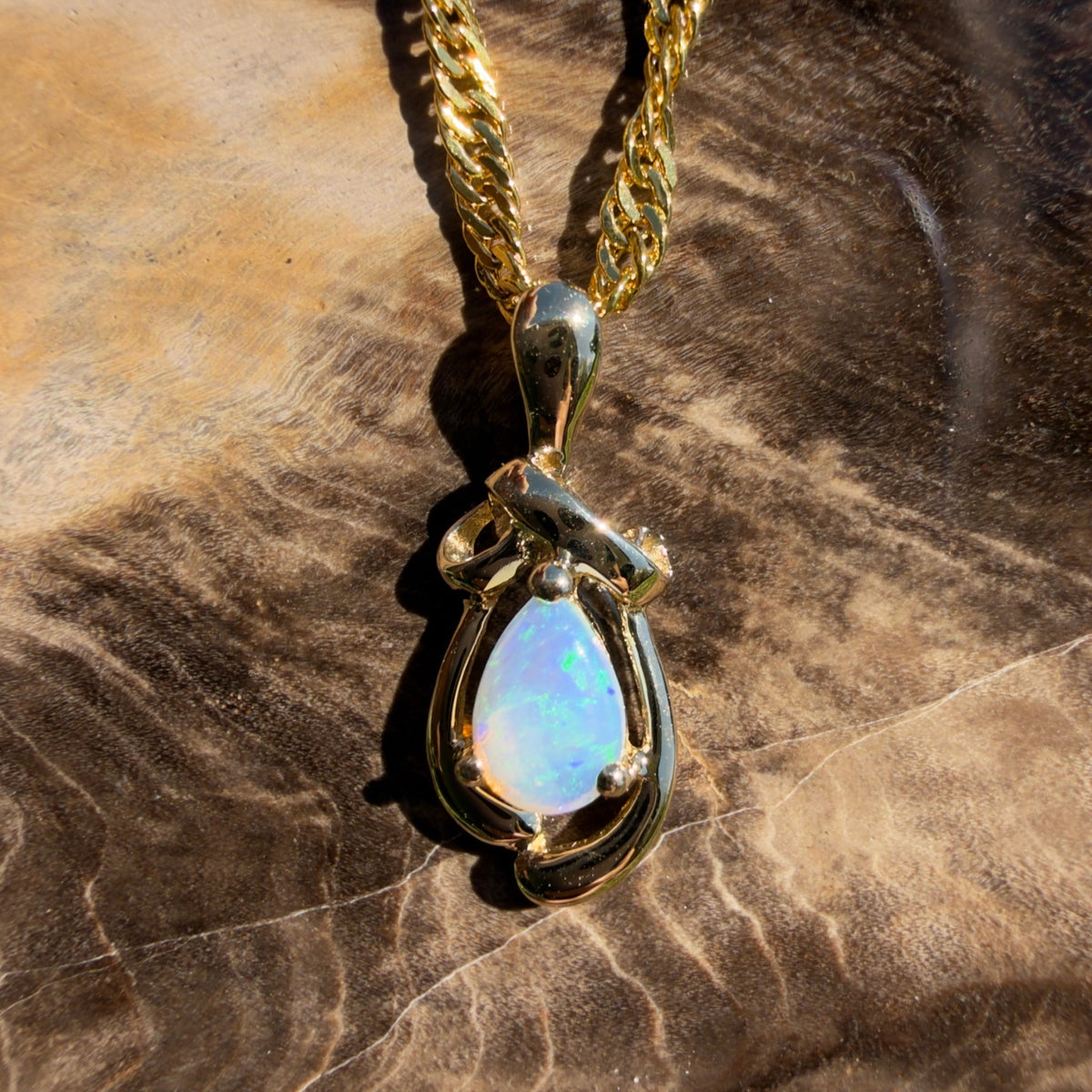 0.4ct Coober Pedy Opal Pendant Necklace ~ 'Gympie Firedrop' | 9ct Yellow Gold | Solid Australian Opal