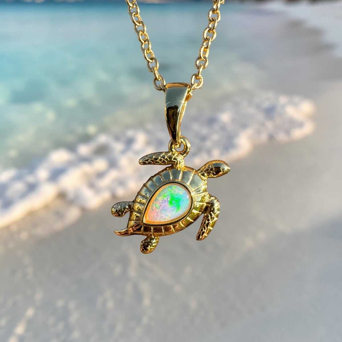 0.4ct Coober Pedy Opal Turtle Pendant Necklace ~ 'Mon Repos Shimmer' | Yellow Gold Coated 925 Sterling Silver | Solid Australian Opal