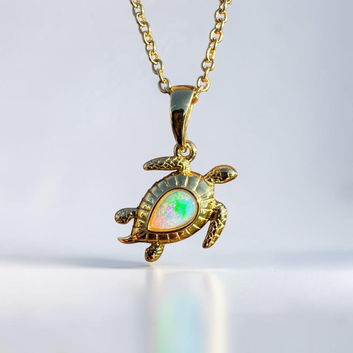 0.4ct Coober Pedy Opal Turtle Pendant Necklace ~ 'Mon Repos Shimmer' | Yellow Gold Coated 925 Sterling Silver | Solid Australian Opal