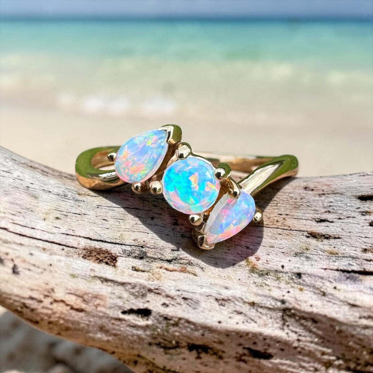 0.4ct Lightning Ridge Crystal Opal Ring ~ 'Tamar Valley Trio' | 14ct Yellow Gold | Solid Australian Opal