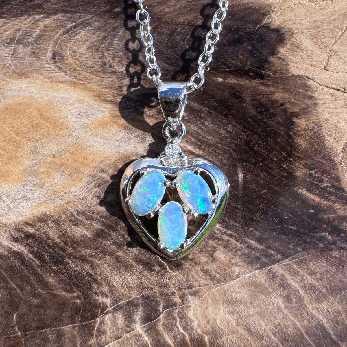 0.5ct Coober Pedy Crystal Opal & Diamond Heart Pendant Necklace ~ 'Wineglass Bay Heart' | 14ct White Gold | Solid Australian Opal